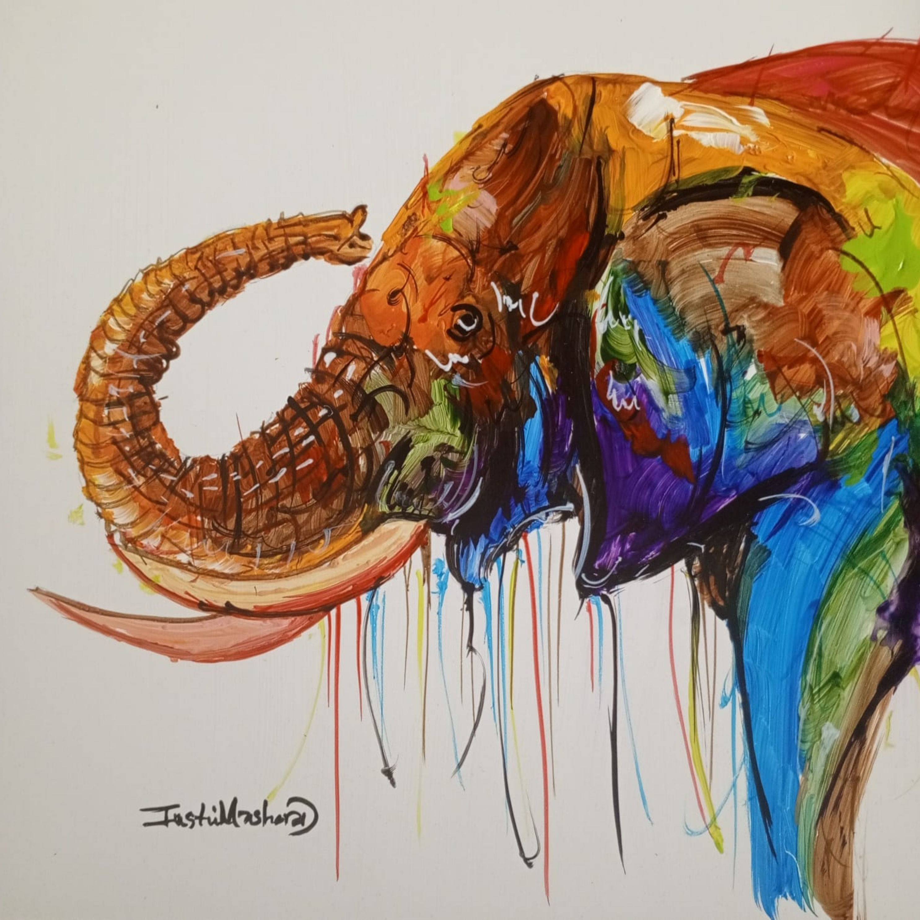 Justin Mashora Masonite Painting - Elephant (25cm x 25cm)