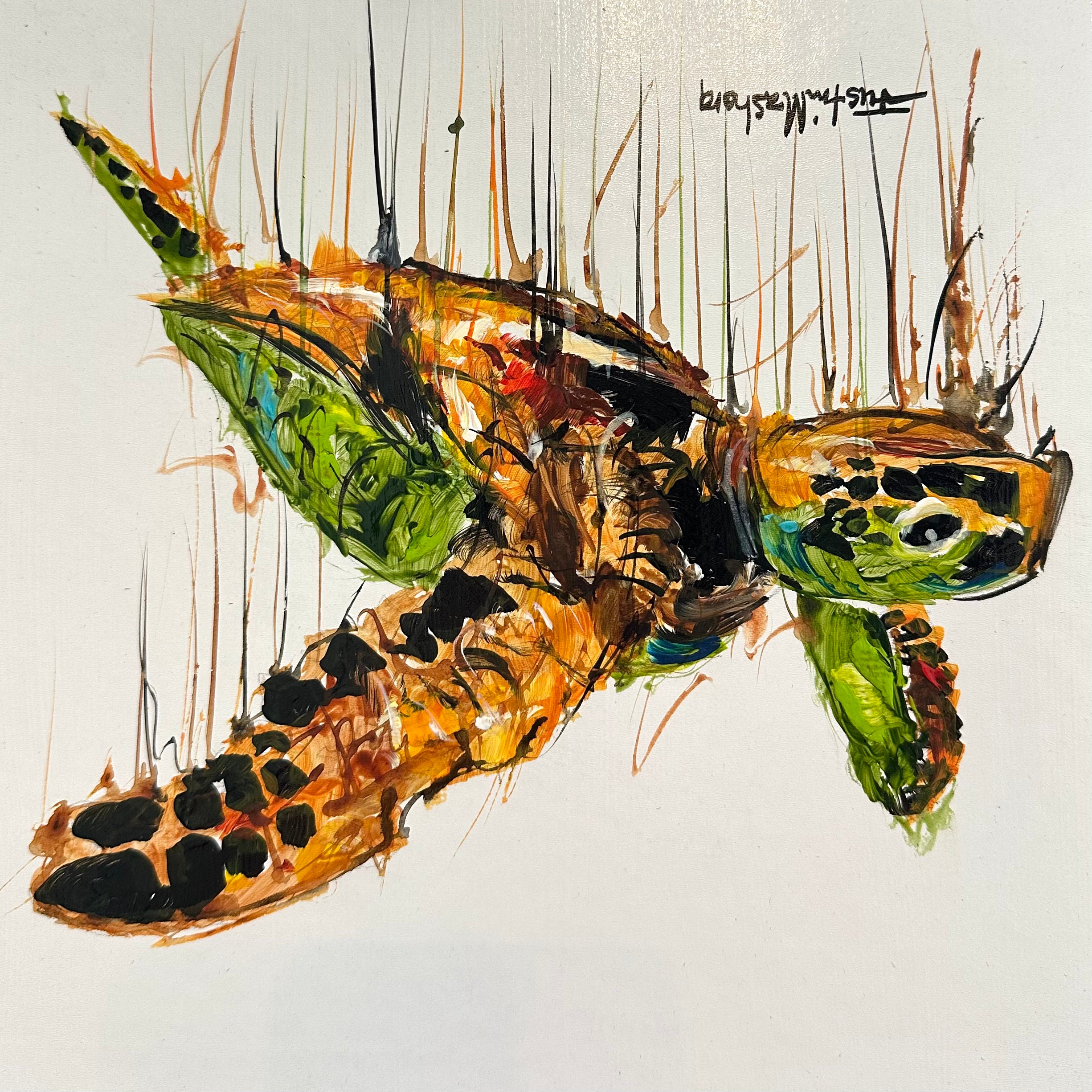 Justin Mashora Masonite Painting - Sea Turtle (25cm x 25cm)