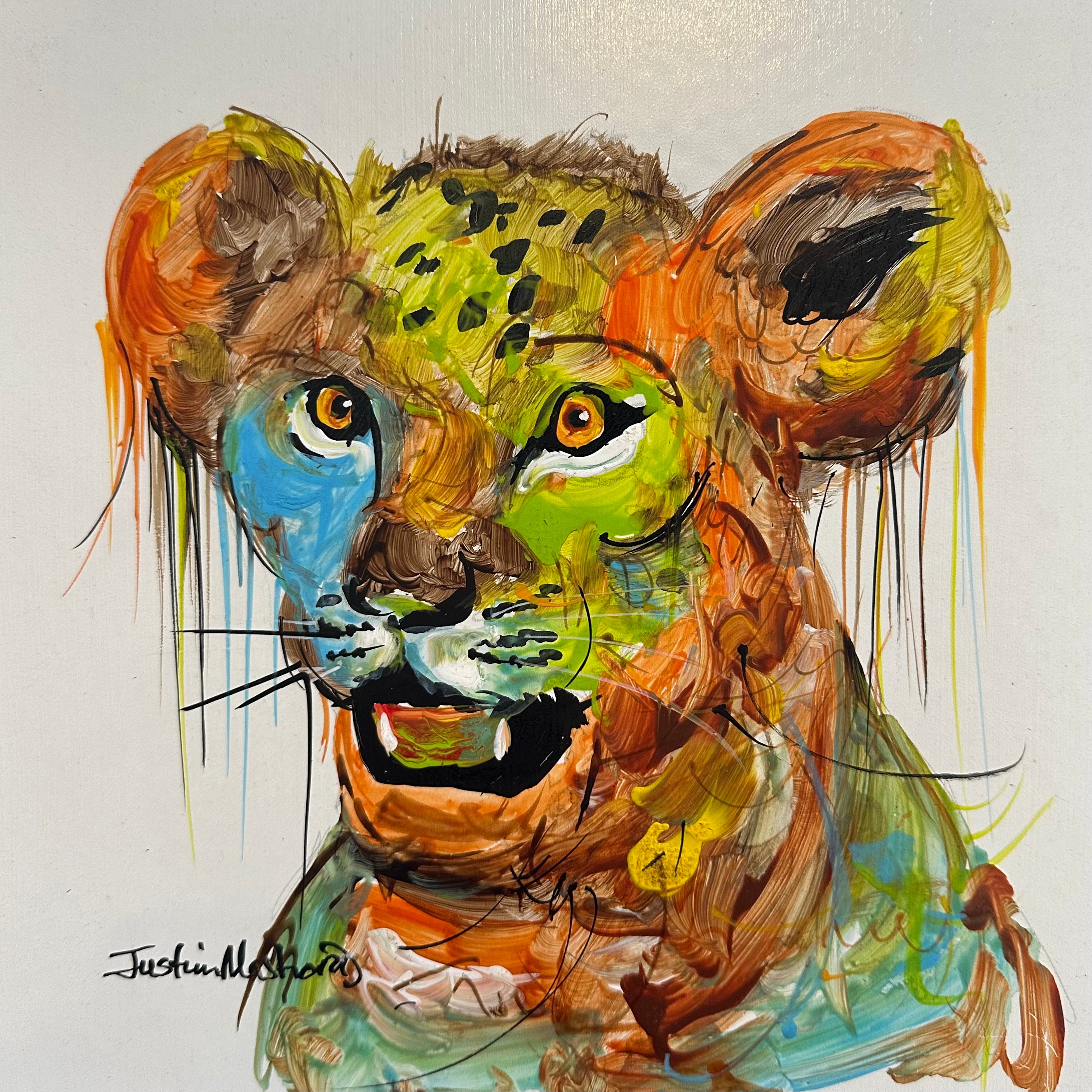 Justin Mashora Masonite Painting - Lion (25cm x 25cm)