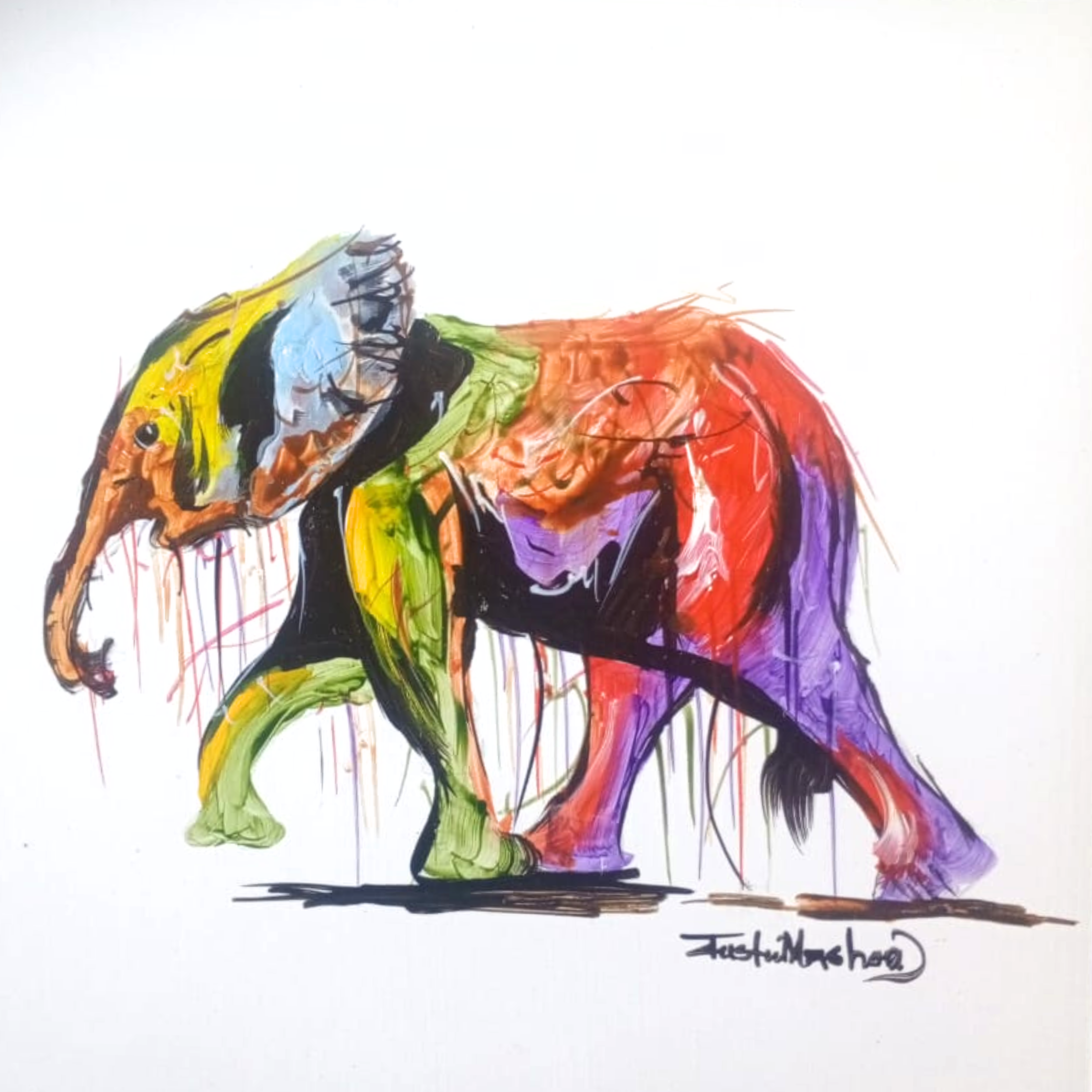 Justin Mashora Masonite Painting - Elephant (25cm x 25cm)
