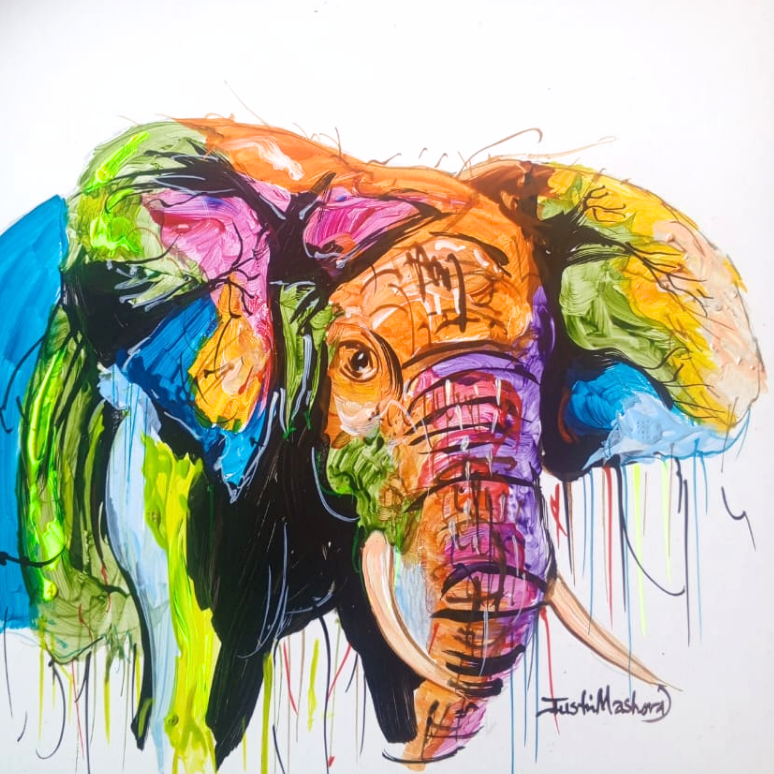 Justin Mashora Masonite Painting - Elephant (25cm x 25cm)
