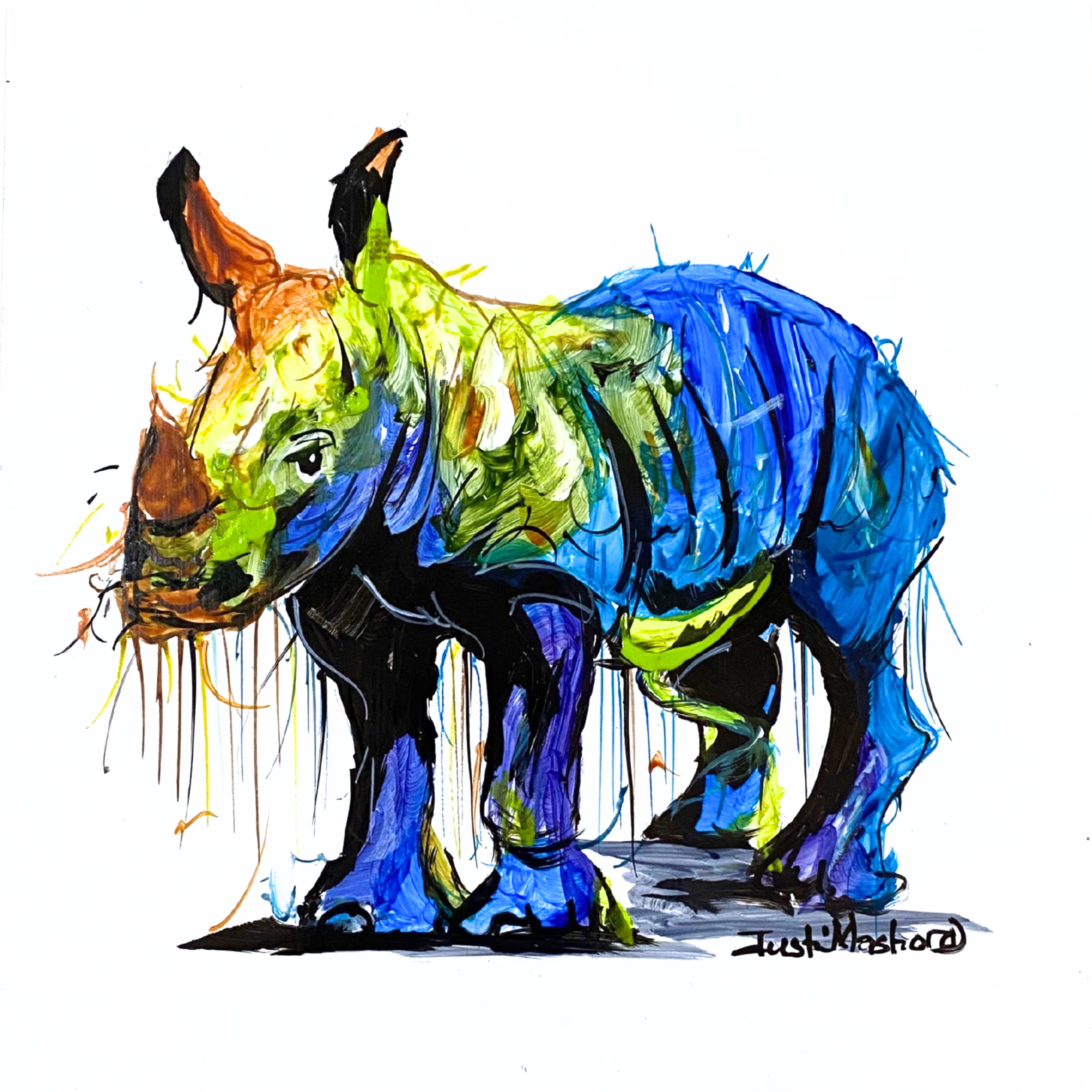 Justin Mashora Masonite Painting - Rhino (25cm x 25cm)