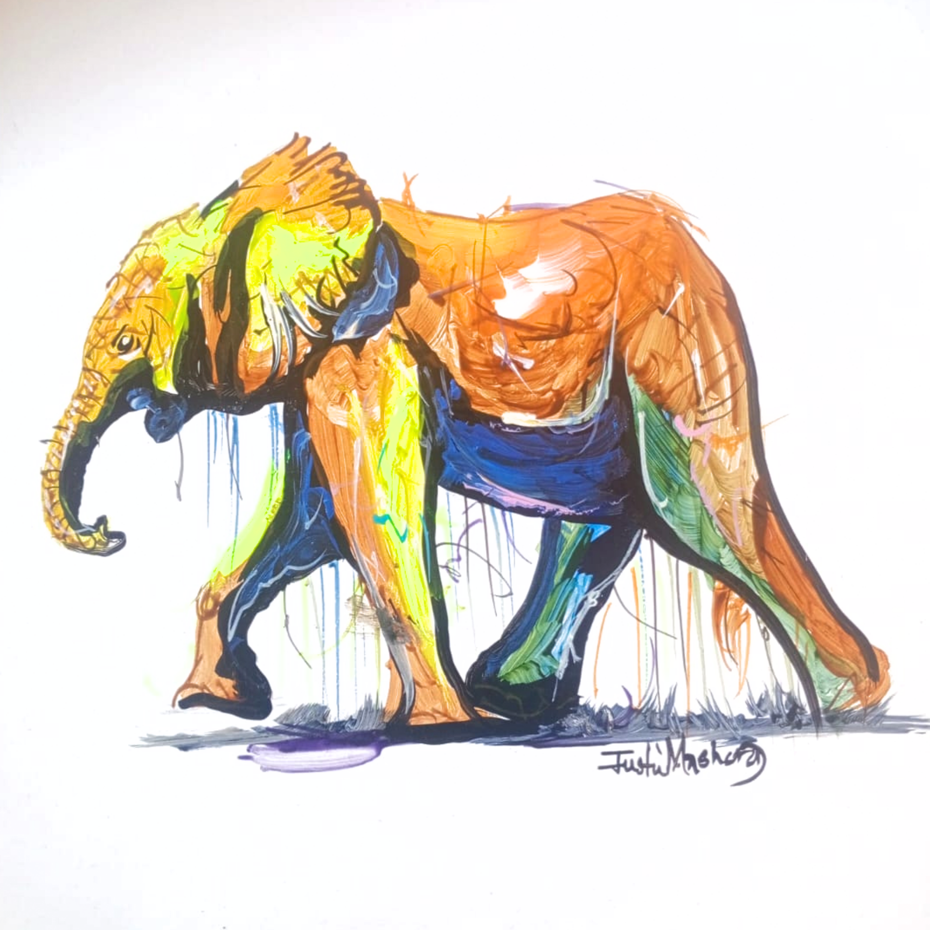 Justin Mashora Masonite Painting - Elephant (25cm x 25cm)