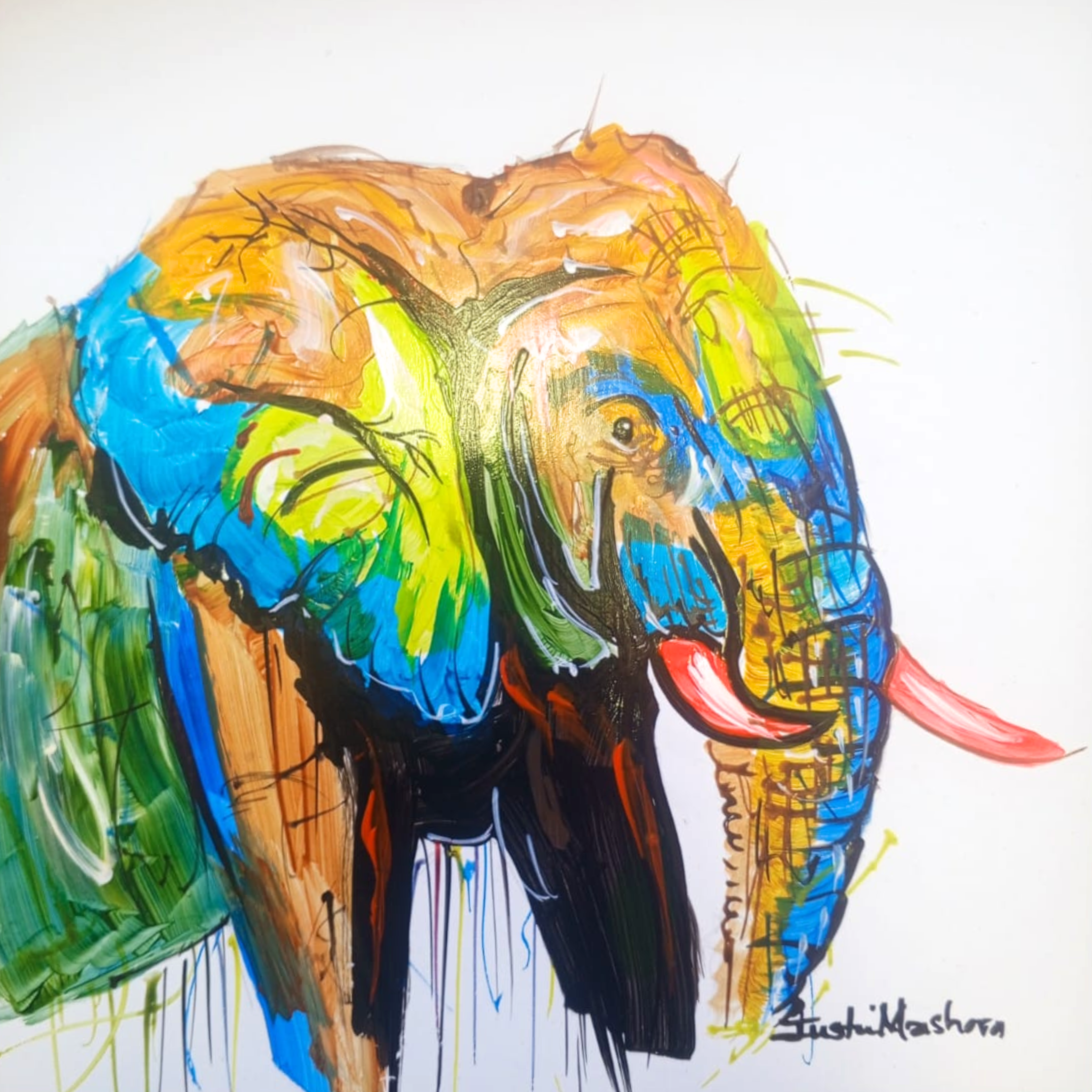 Justin Mashora Masonite Painting - Elephant (25cm x 25cm)