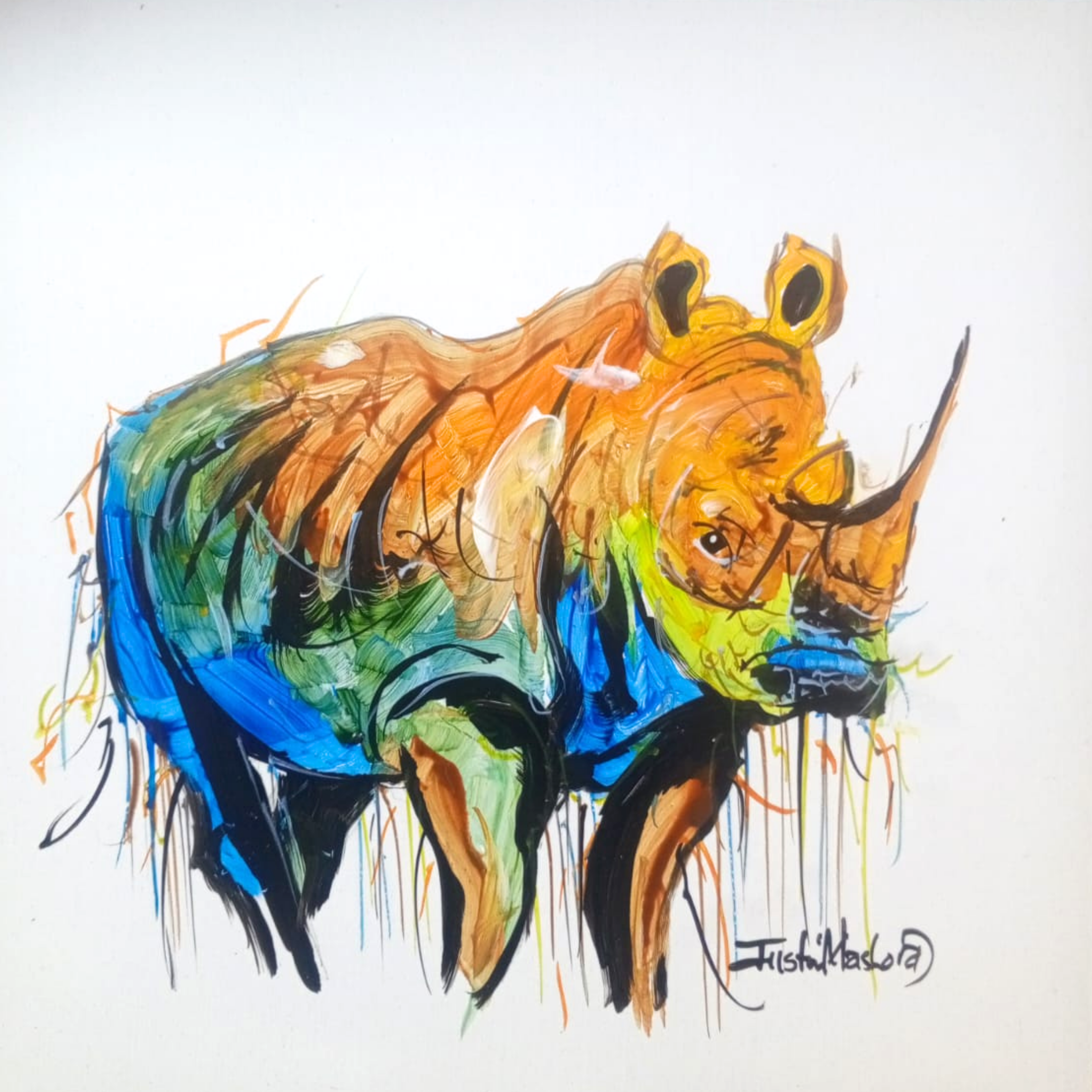Justin Mashora Masonite Painting - Rhino (25cm x 25cm)