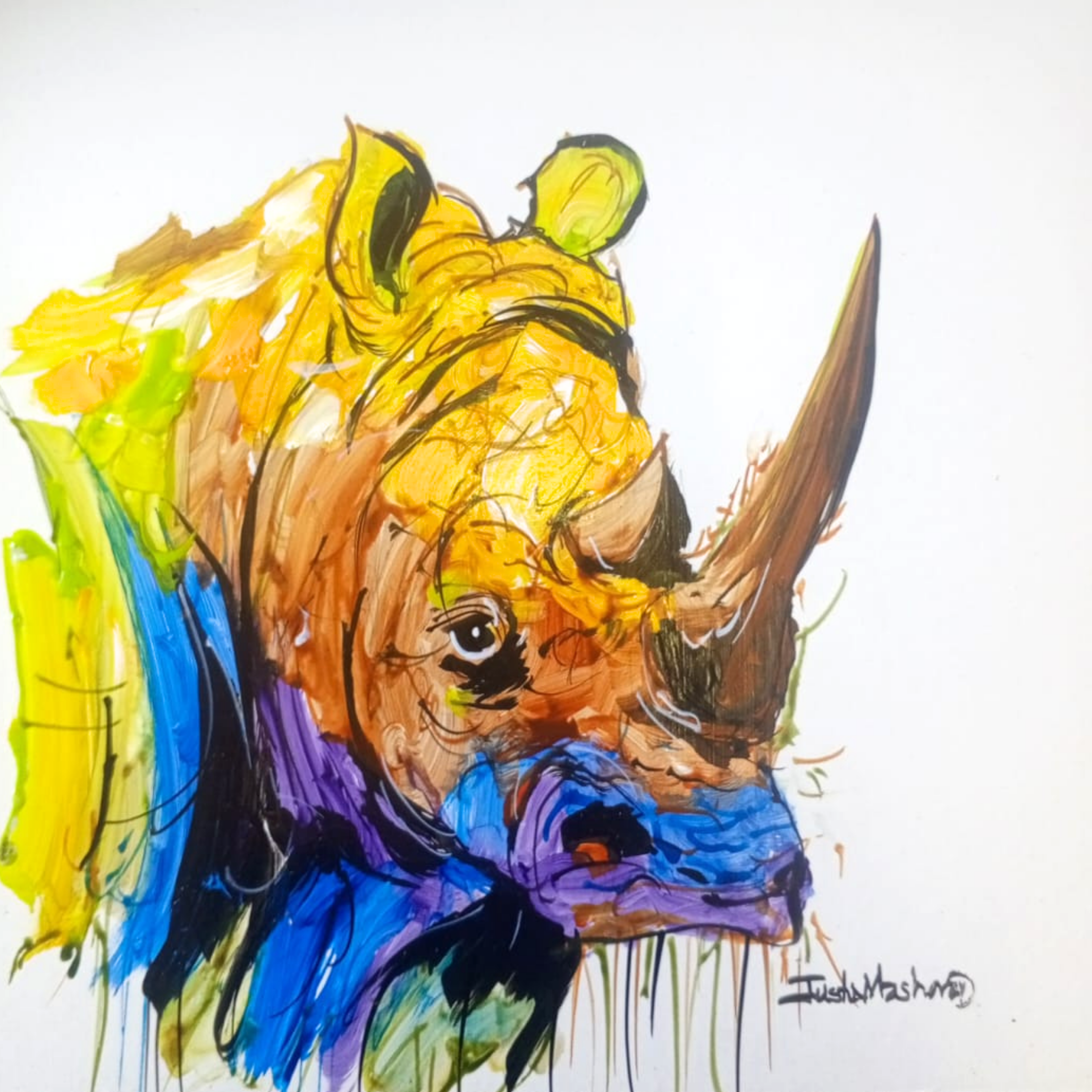 Justin Mashora Masonite Painting - Rhino (25cm x 25cm)