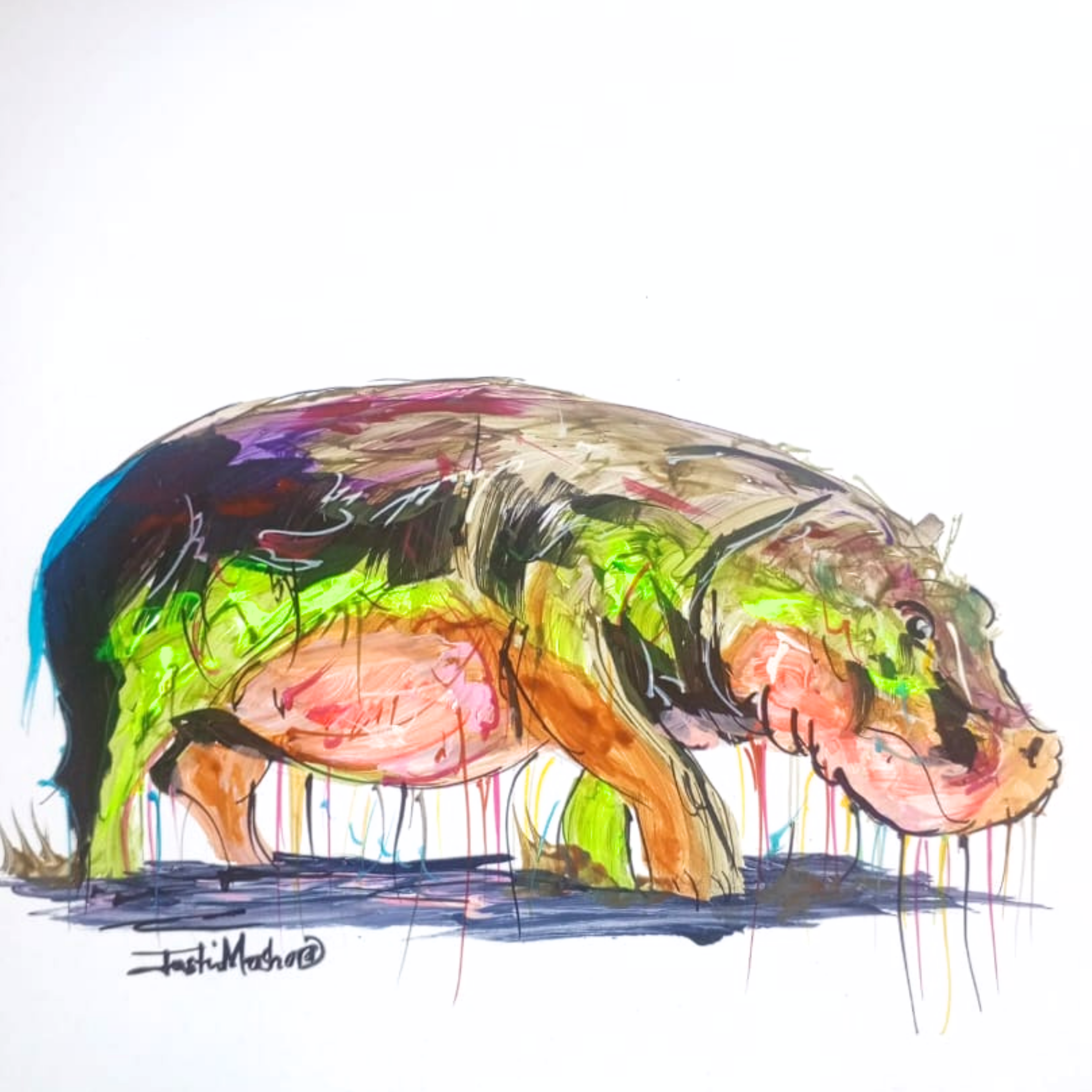 Justin Mashora Masonite Painting - Hippo (25cm x 25cm)
