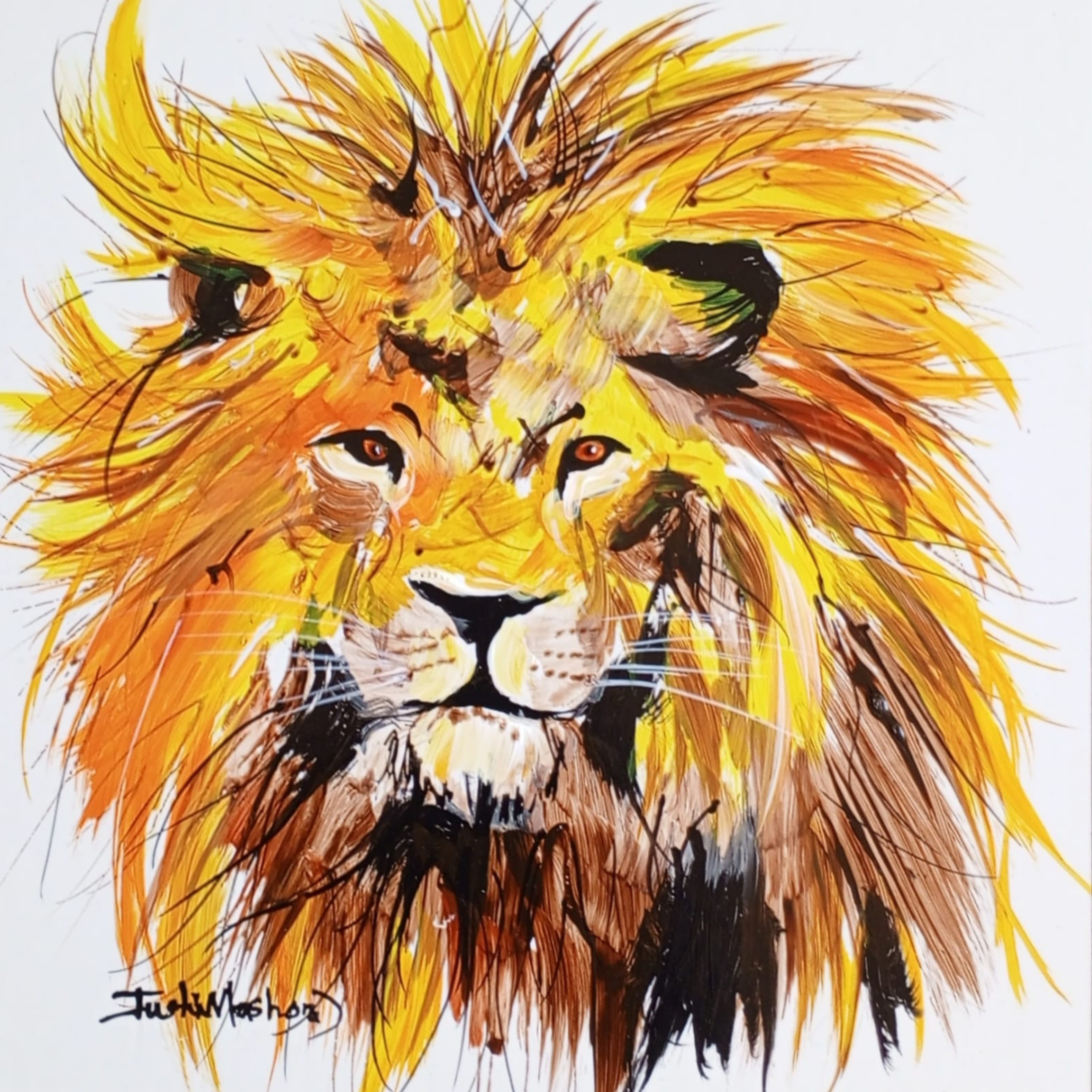 Justin Mashora Masonite Painting - Lion (25cm x 25cm)