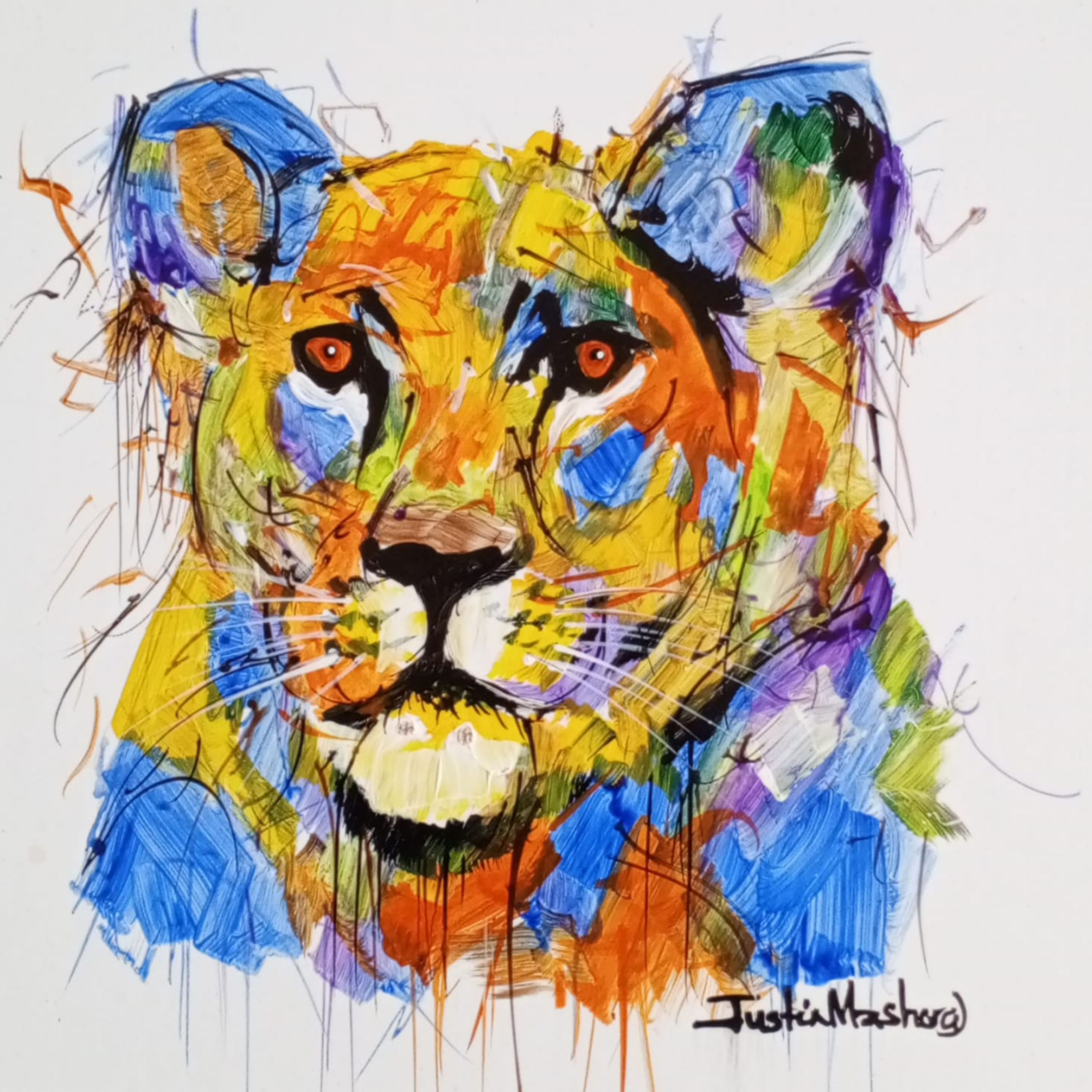 Justin Mashora Masonite Painting - Lion (25cm x 25cm)