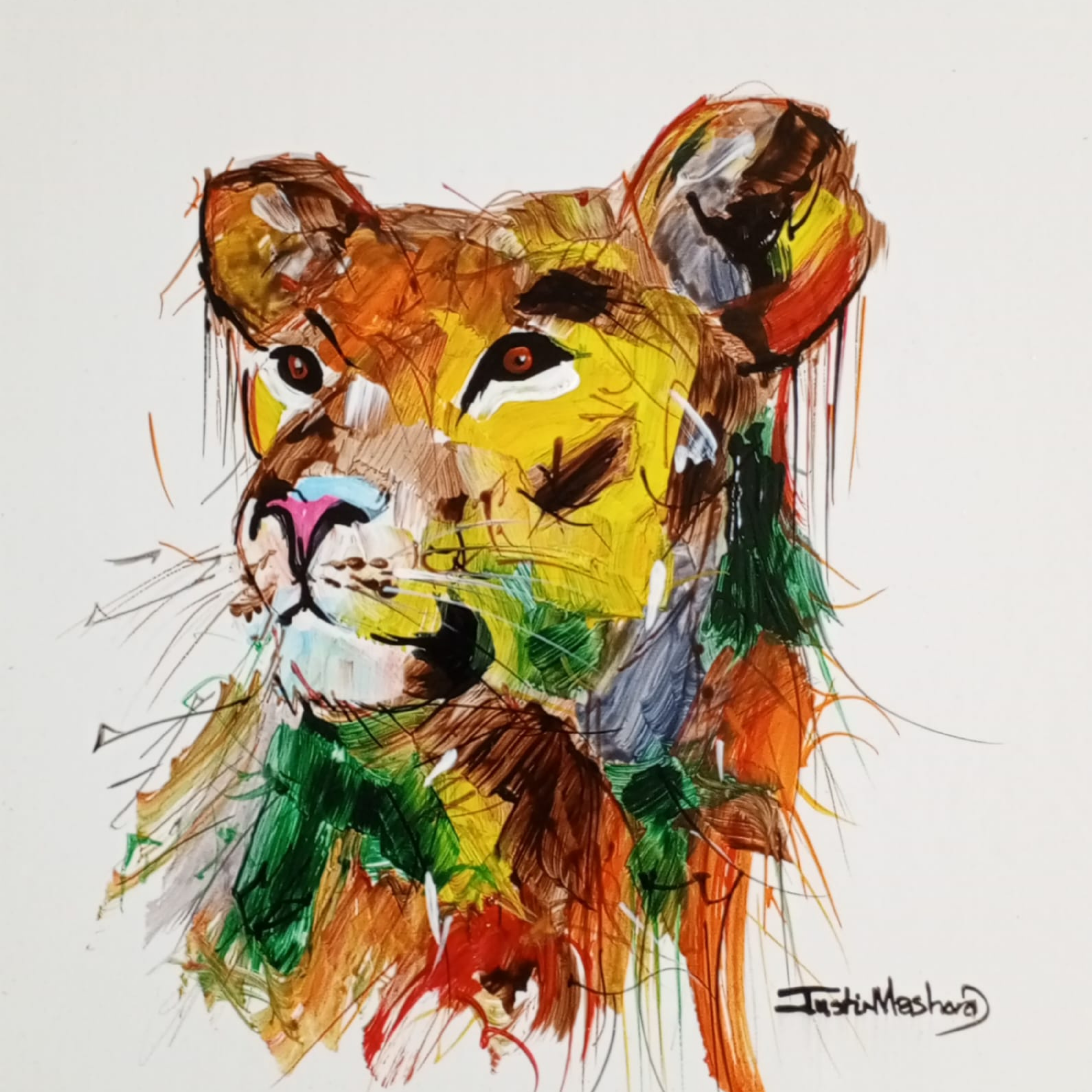 Justin Mashora Masonite Painting - Lion (25cm x 25cm)