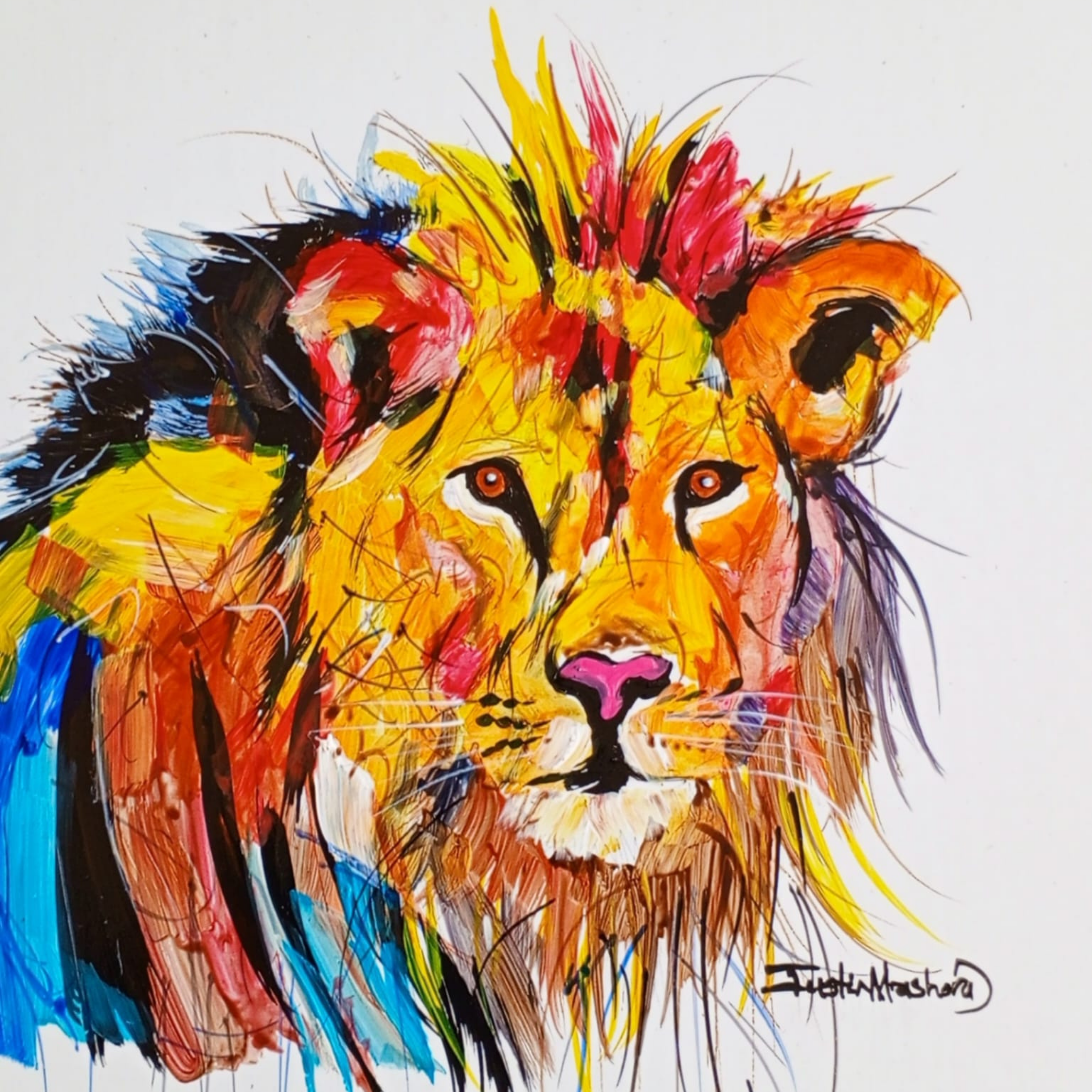Justin Mashora Masonite Painting - Lion (25cm x 25cm)