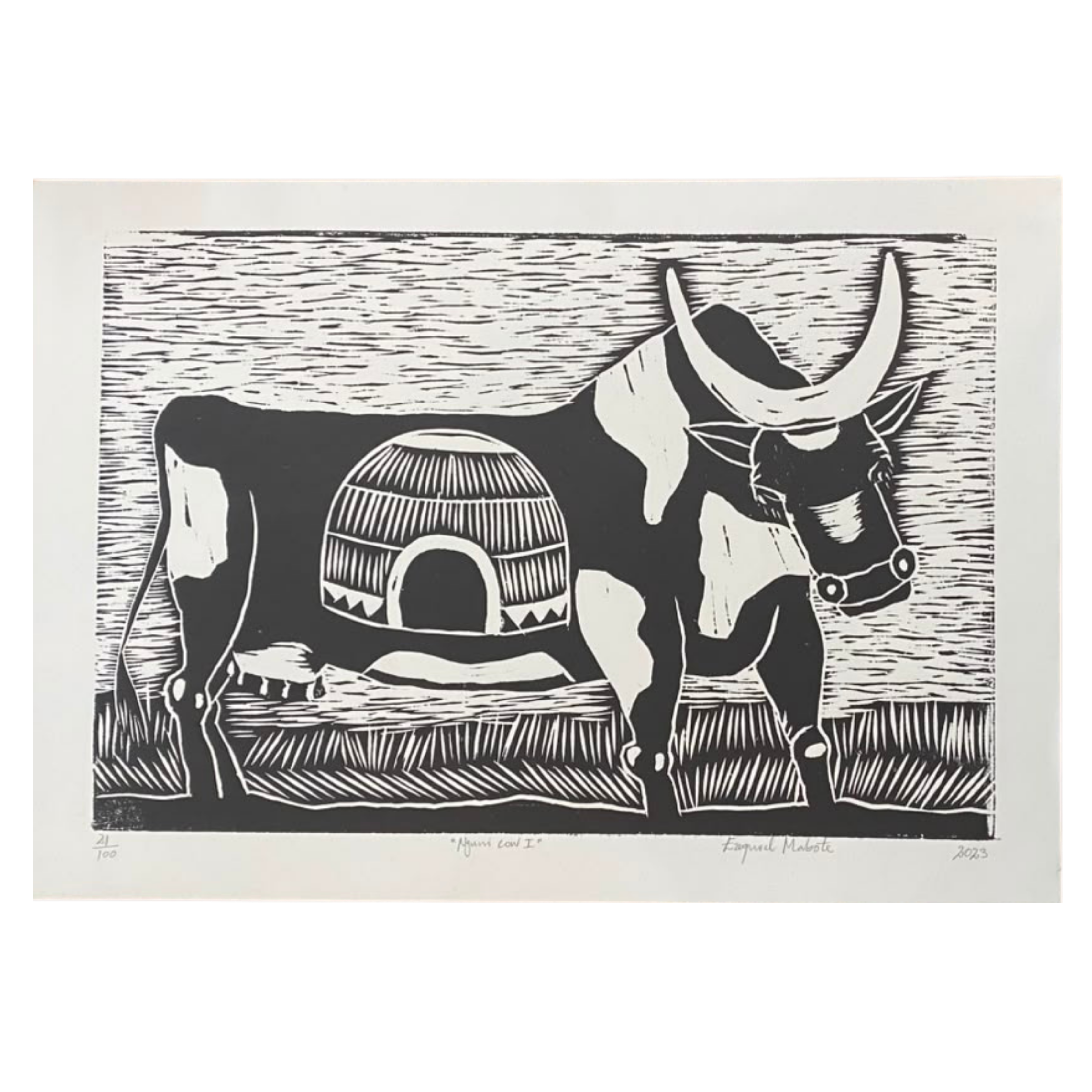 Mabote Art Woodprint Painting - Nguni Cow