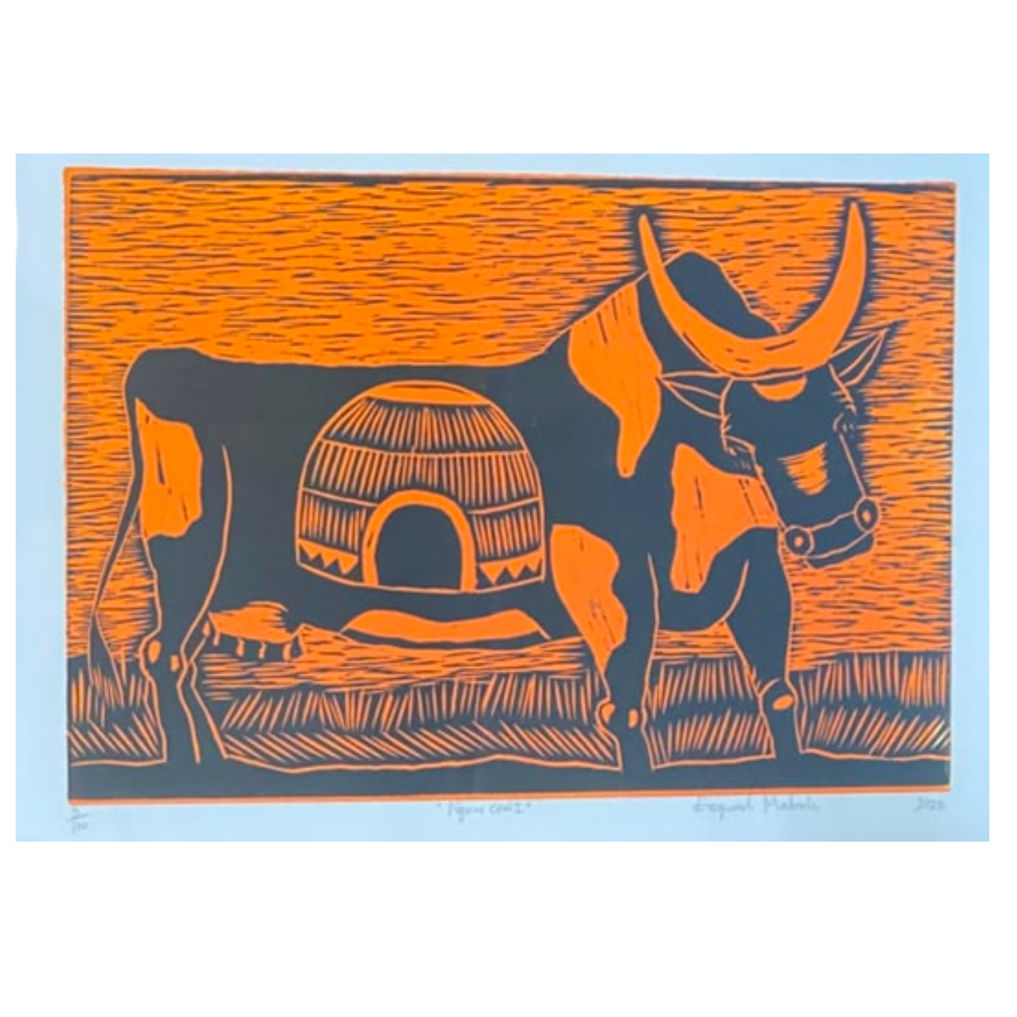 Mabote Art Woodprint Painting - Nguni Cow
