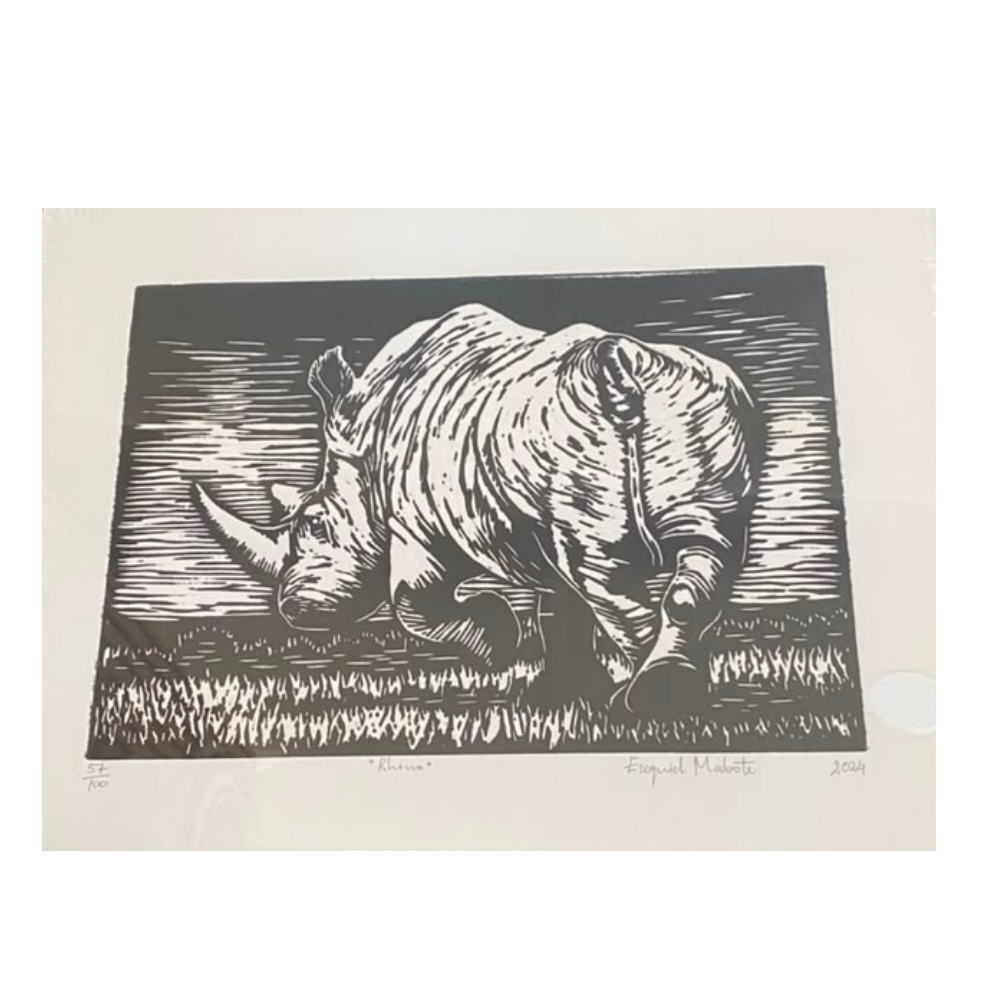 Mabote Art Woodprint Painting - Rhino (B/W)