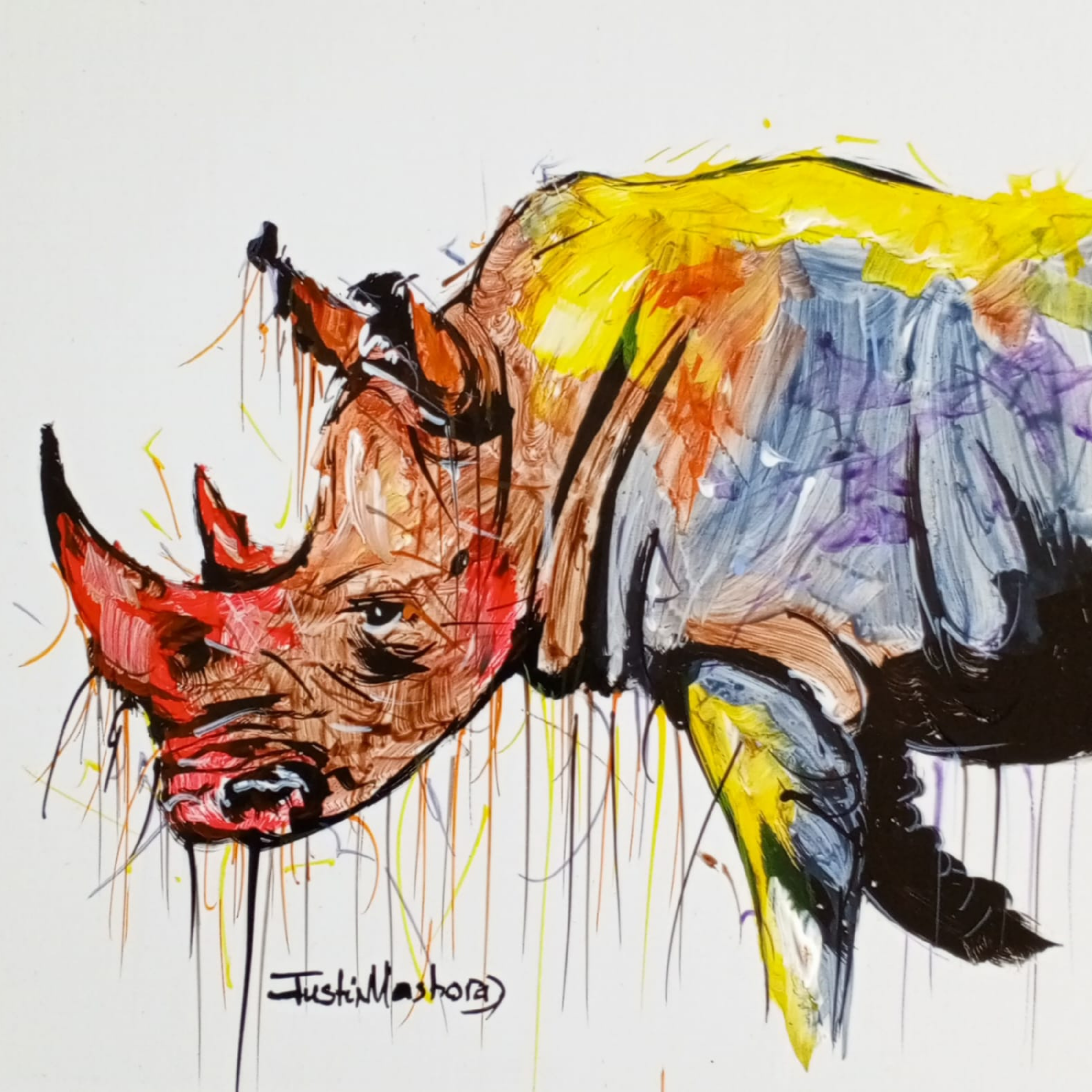 Justin Mashora Masonite Painting - Rhino (25cm x 25cm)