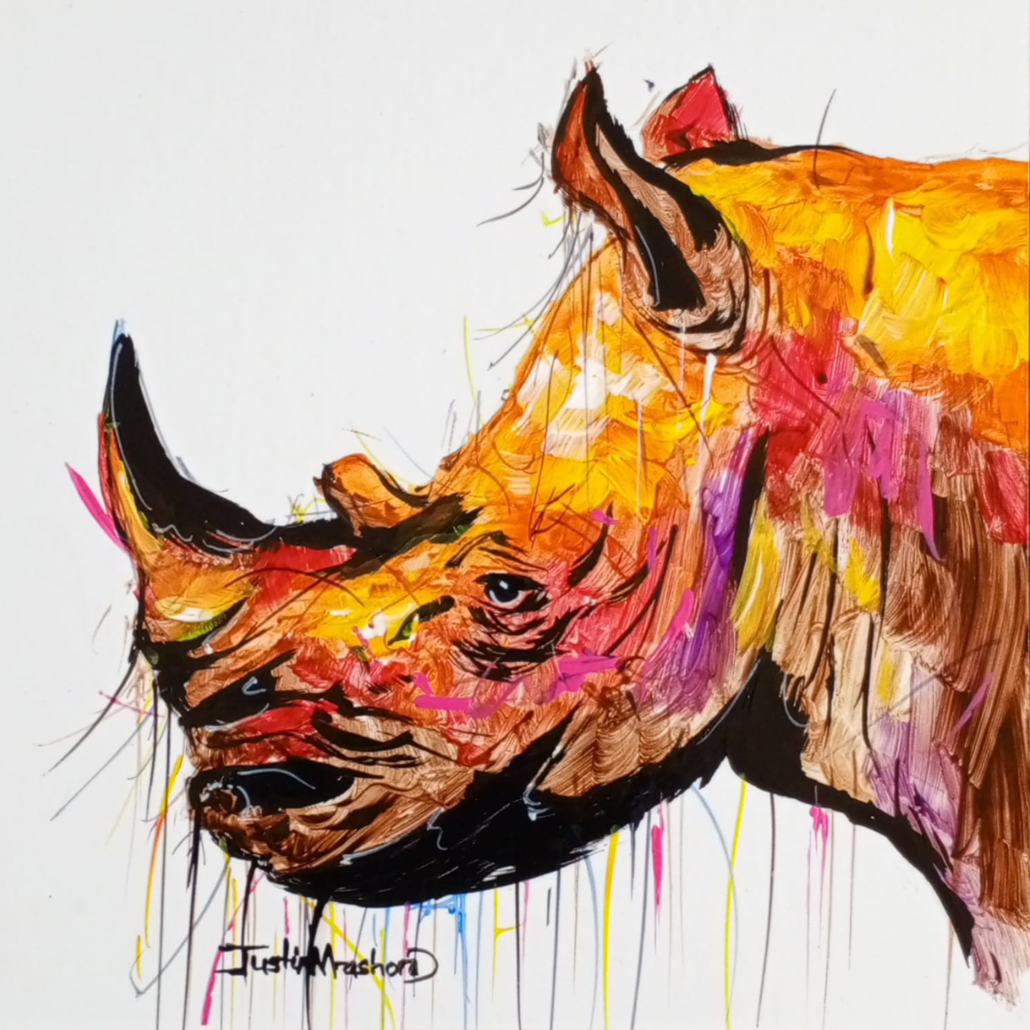 Justin Mashora Masonite Painting - Rhino (25cm x 25cm)