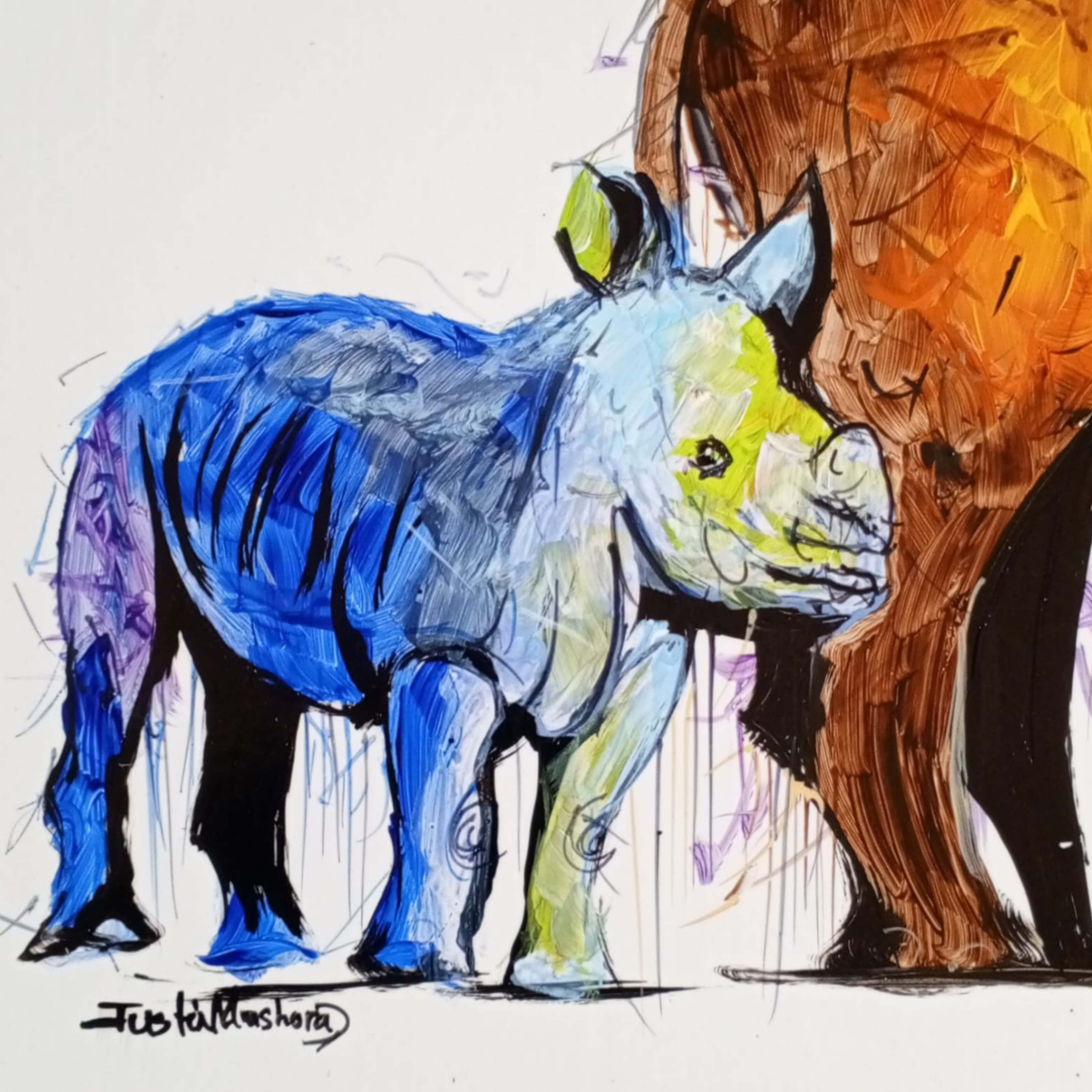 Justin Mashora Masonite Painting - Rhino (25cm x 25cm)