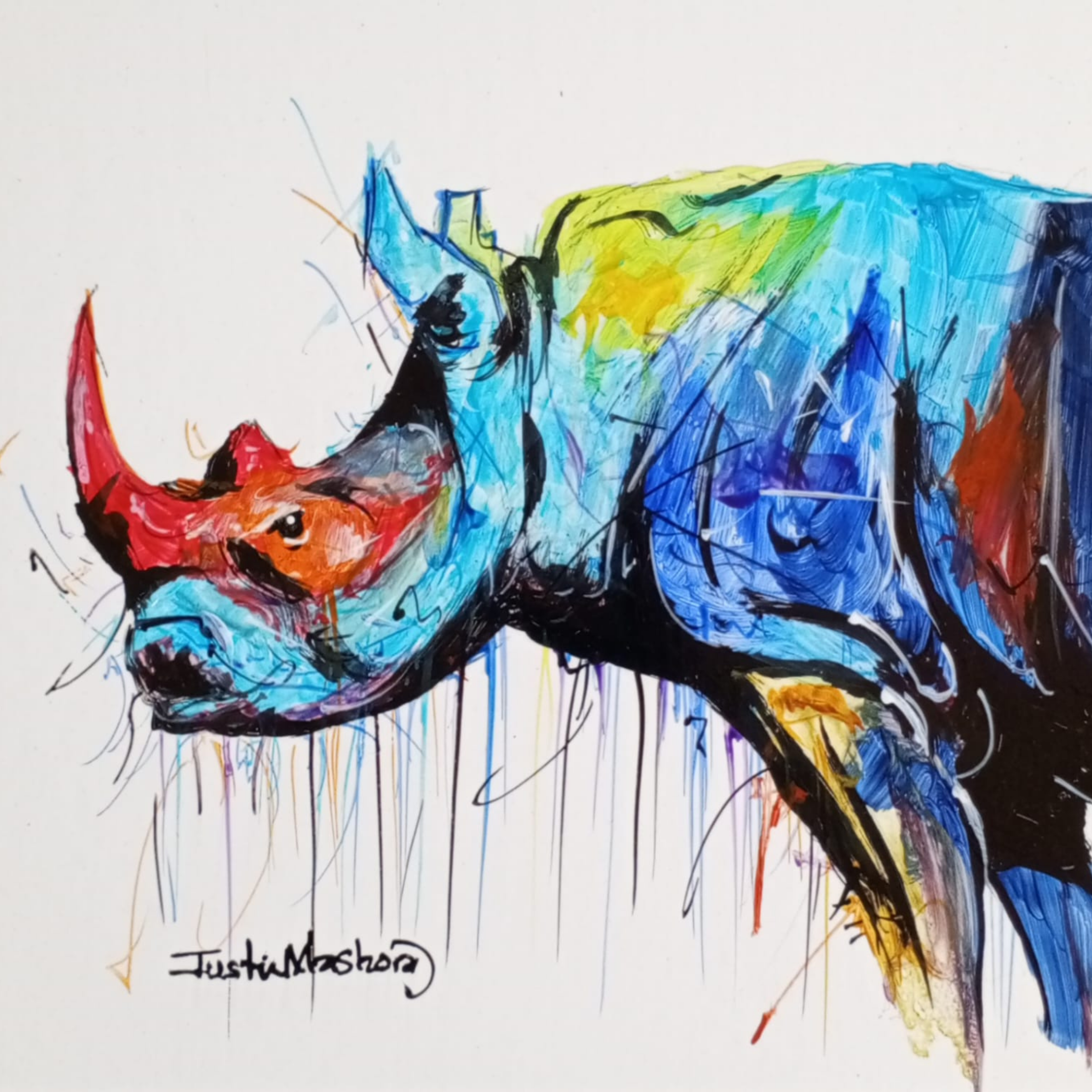 Justin Mashora Masonite Painting - Rhino (25cm x 25cm)