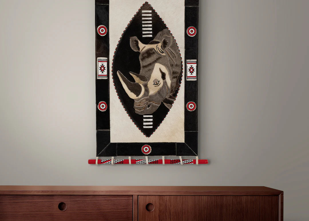 Rhino in Zulu Shield - Stitched Nguni Hide Wall Hanging Artwork