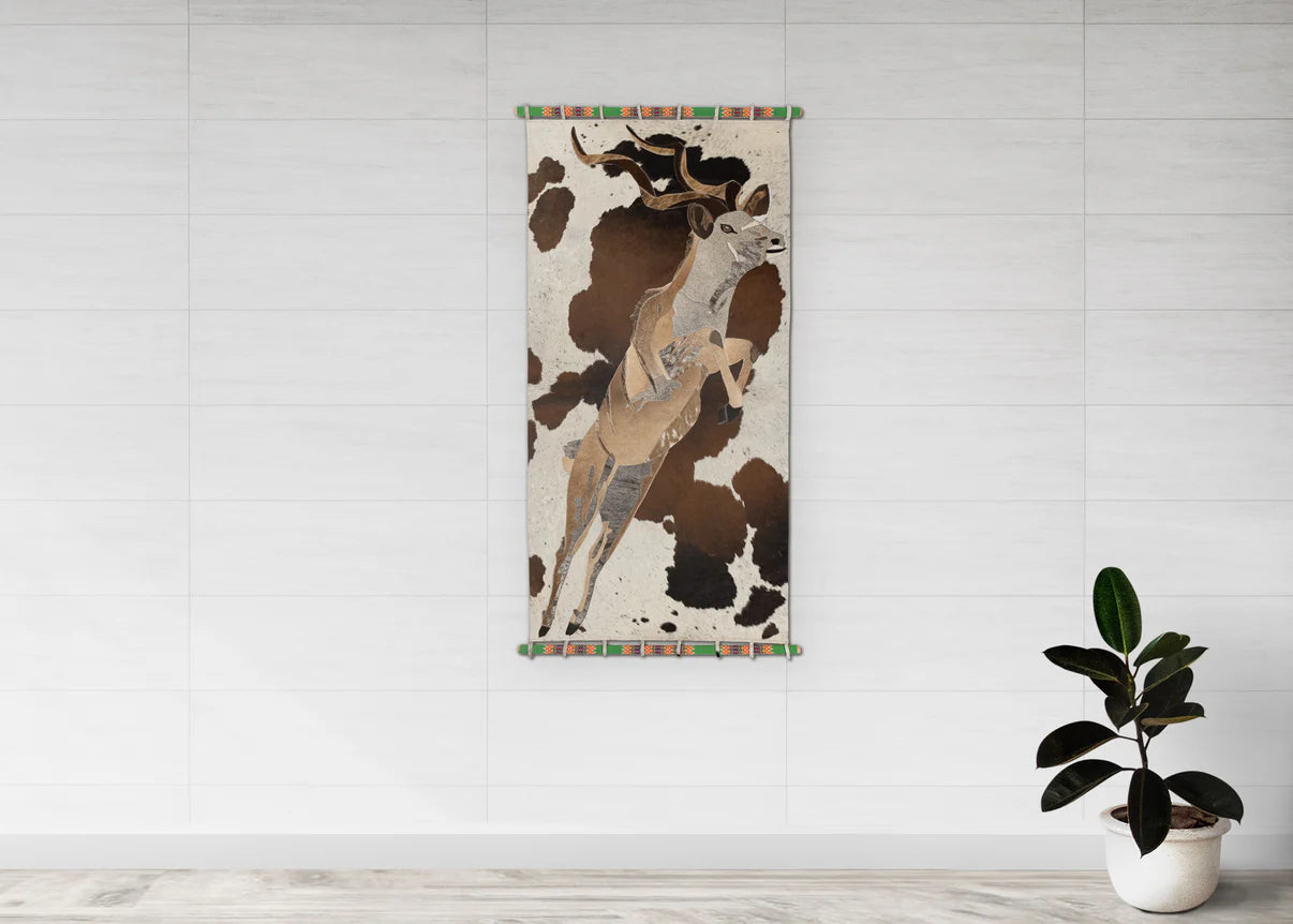 Kudu in Full Flight - Stitched Nguni Hide Wall Hanging Artwork (Large)