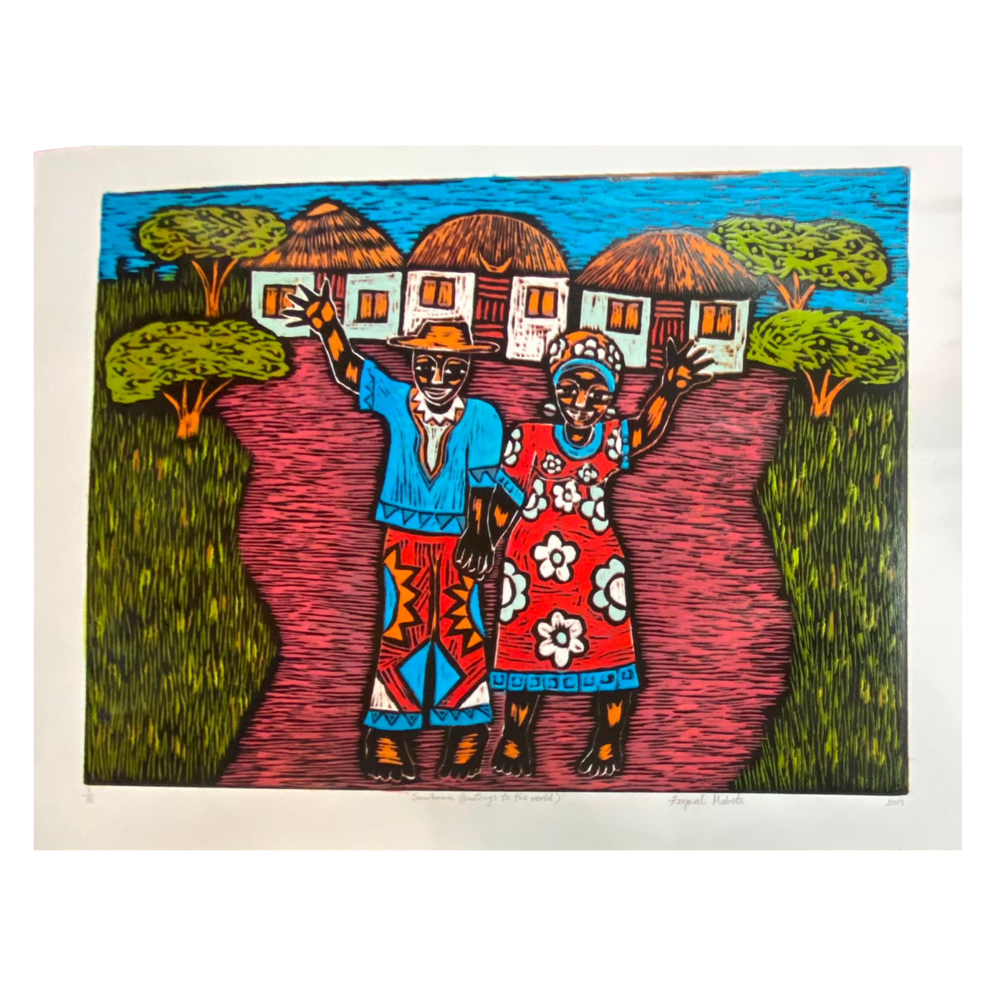 Mabote Art Woodprint Painting - Sawubona (Greetings To The World)