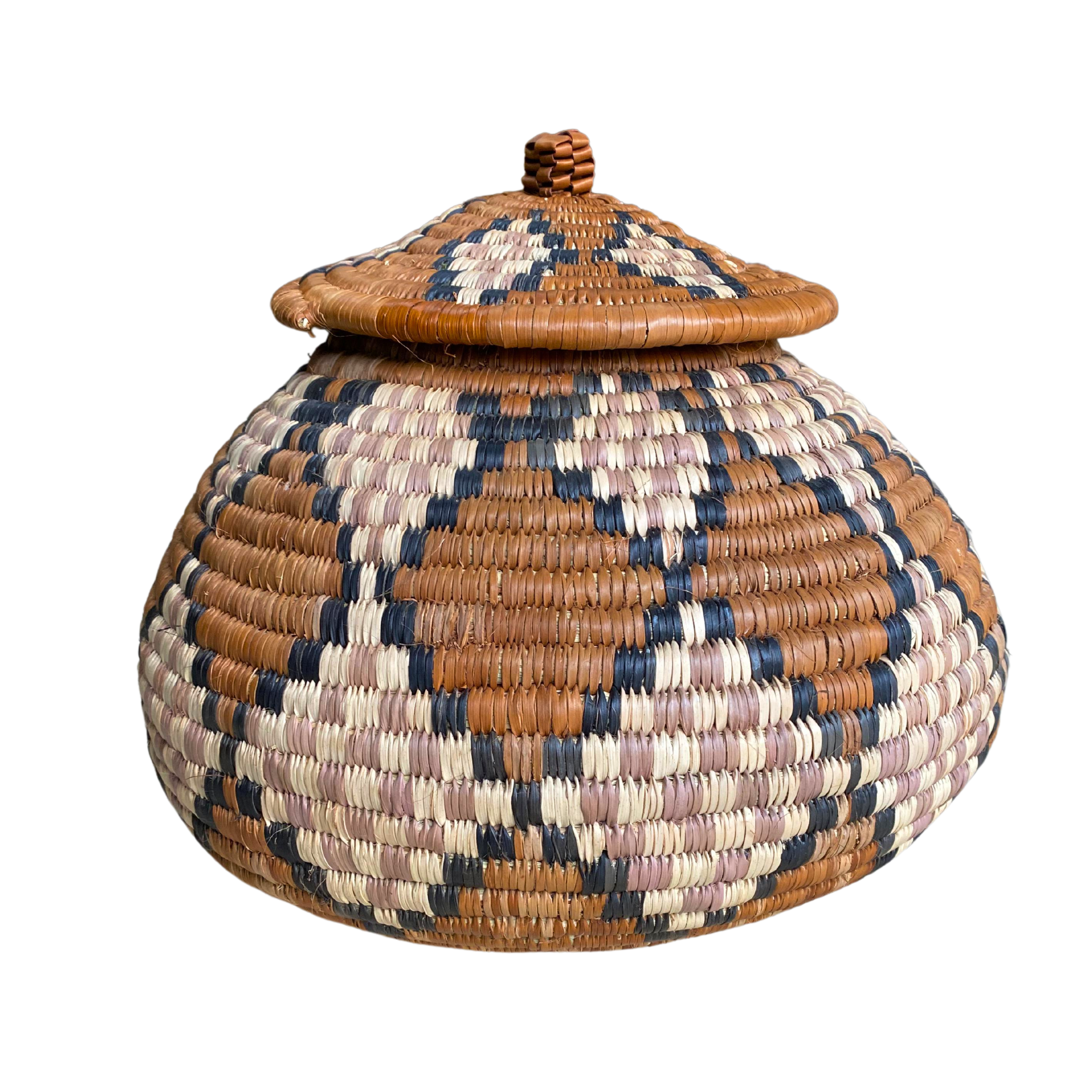 Small Hand Weaved Checkered Diamonds Basket (Brown, Cream & Grey)