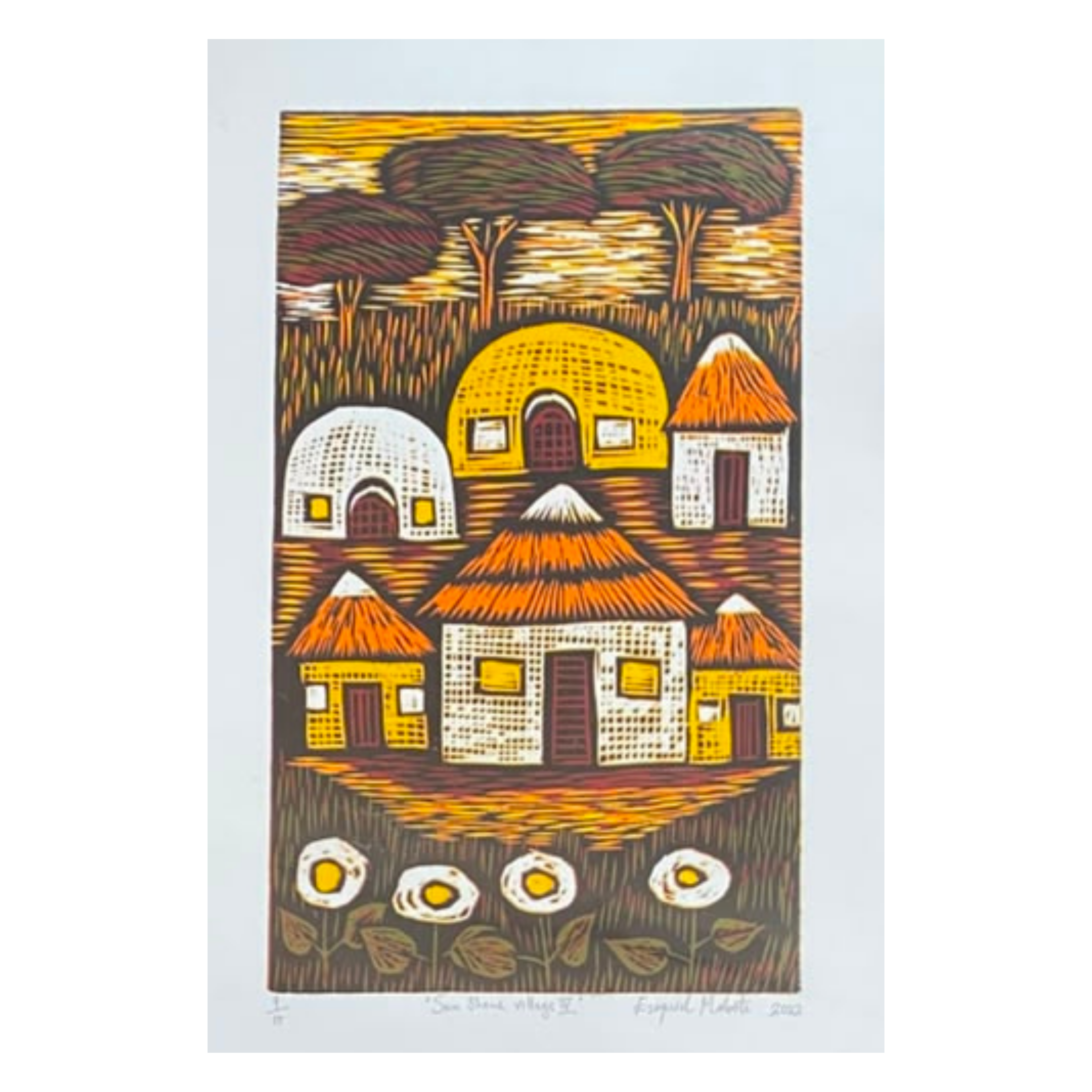 Mabote Art Woodprint Painting - Sun Shine Village
