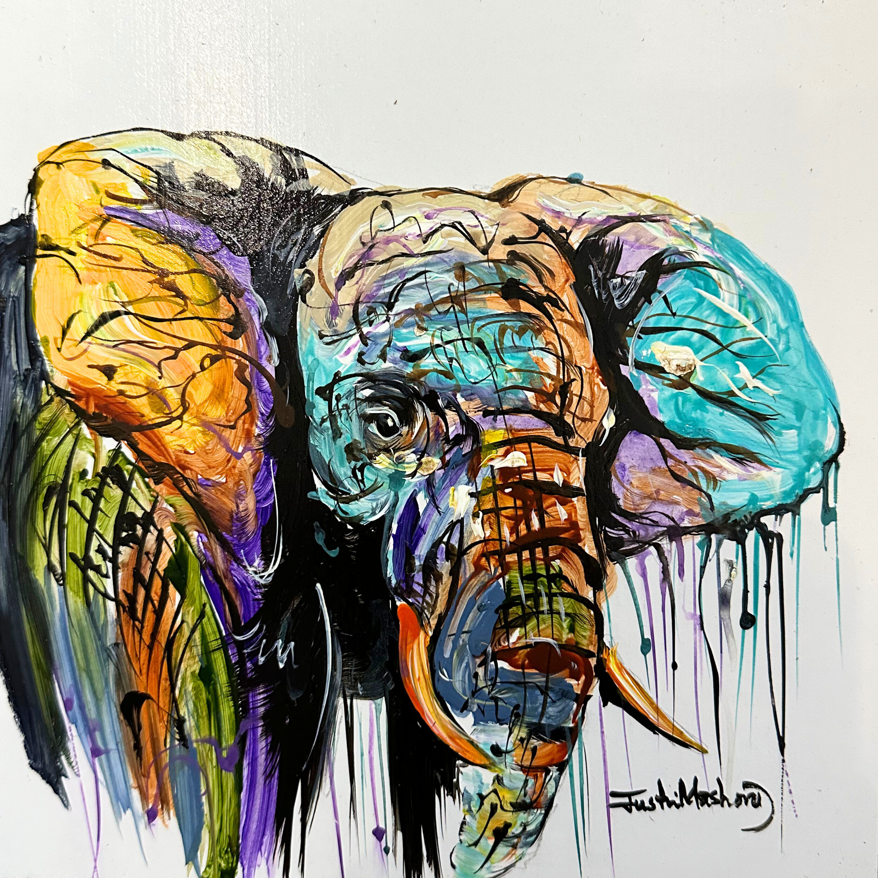 Justin Mashora Masonite Painting - Elephant (25cm x 25cm)