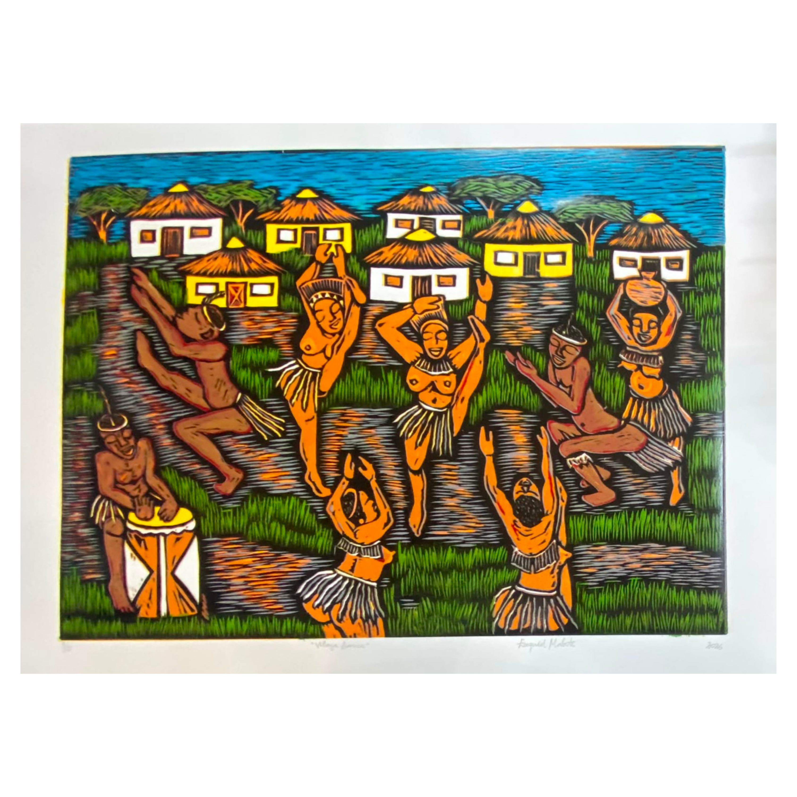 Mabote Art Woodprint Painting - Village Dance