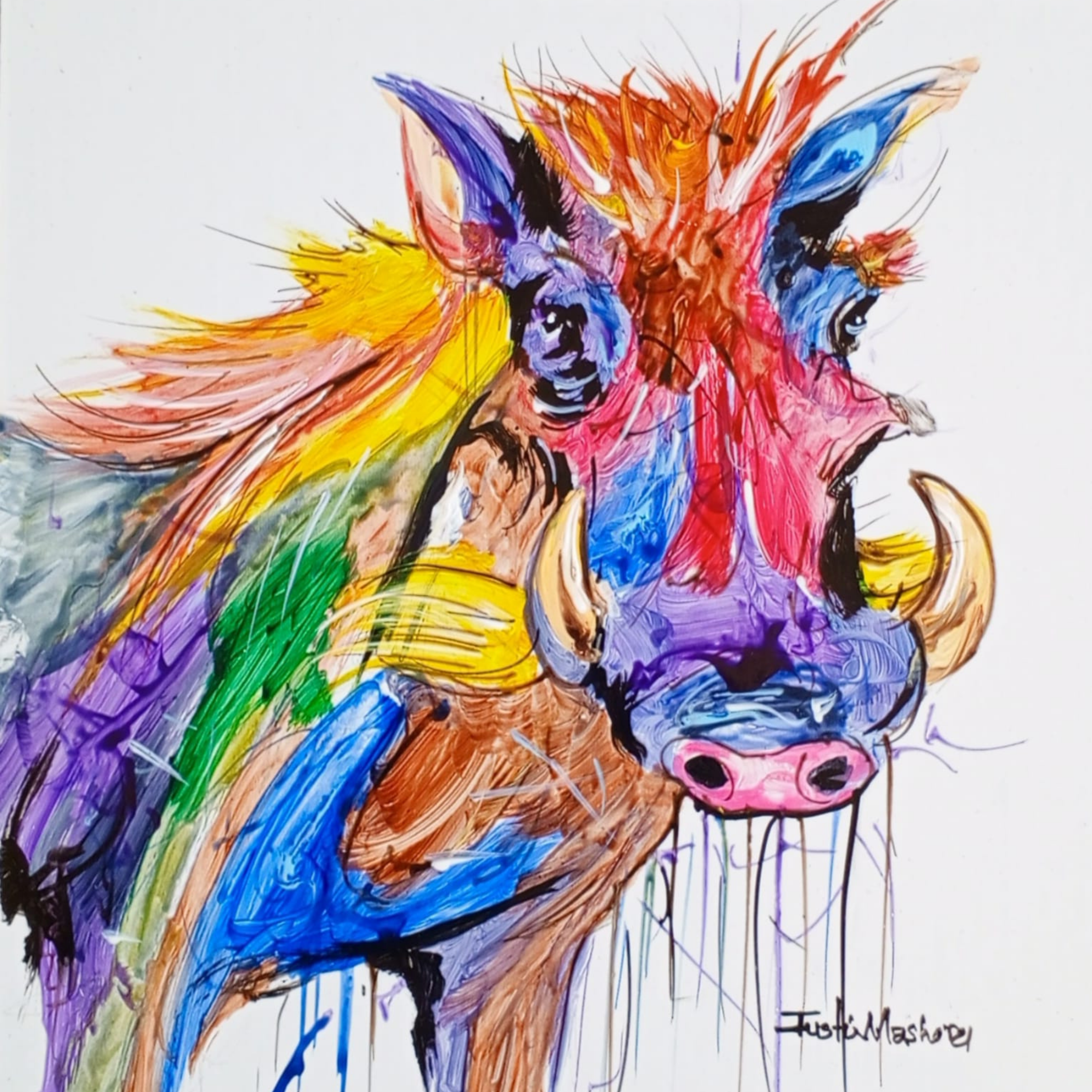 Justin Mashora Masonite Painting - Warthog (25cm x 25cm)