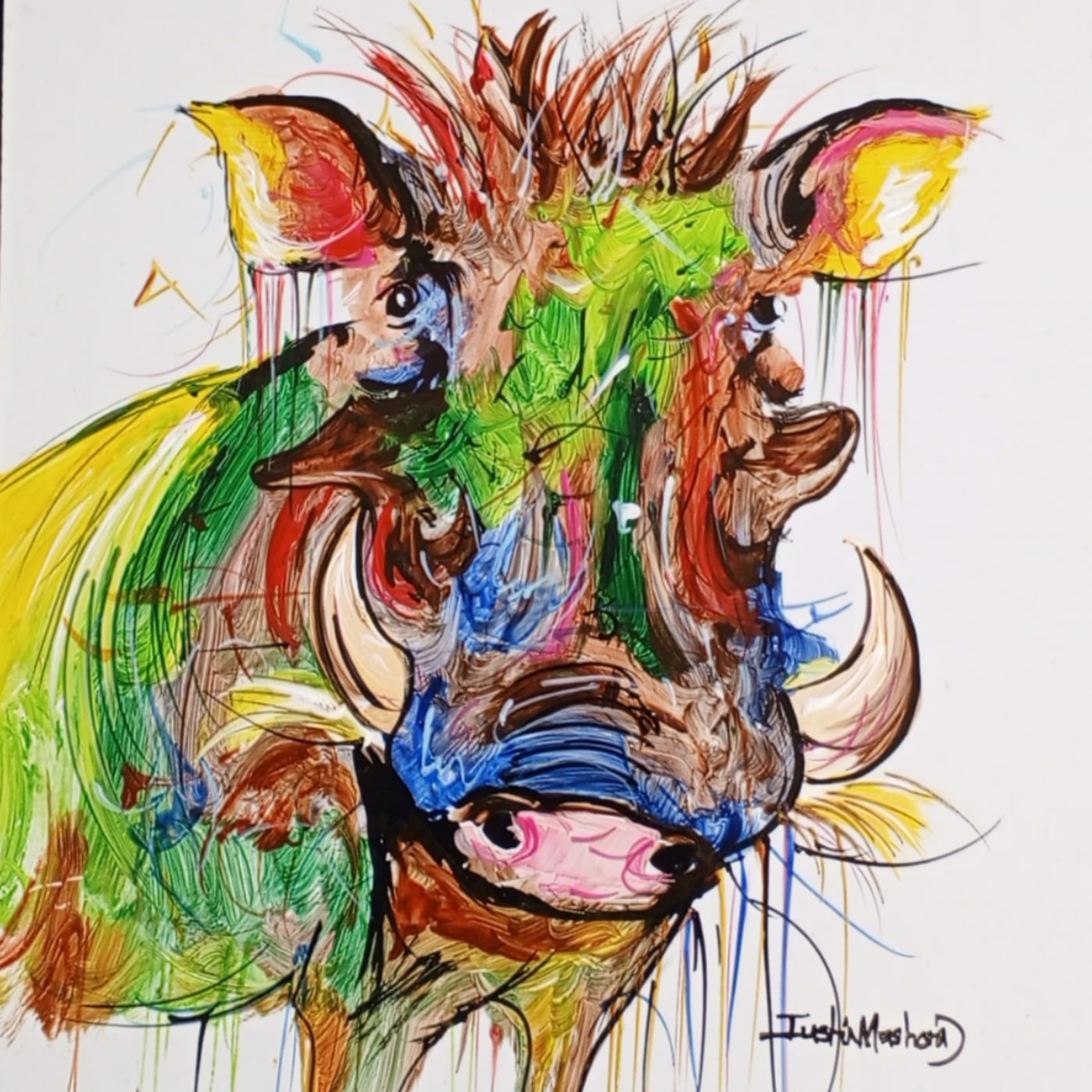 Justin Mashora Masonite Painting - Warthog (25cm x 25cm)