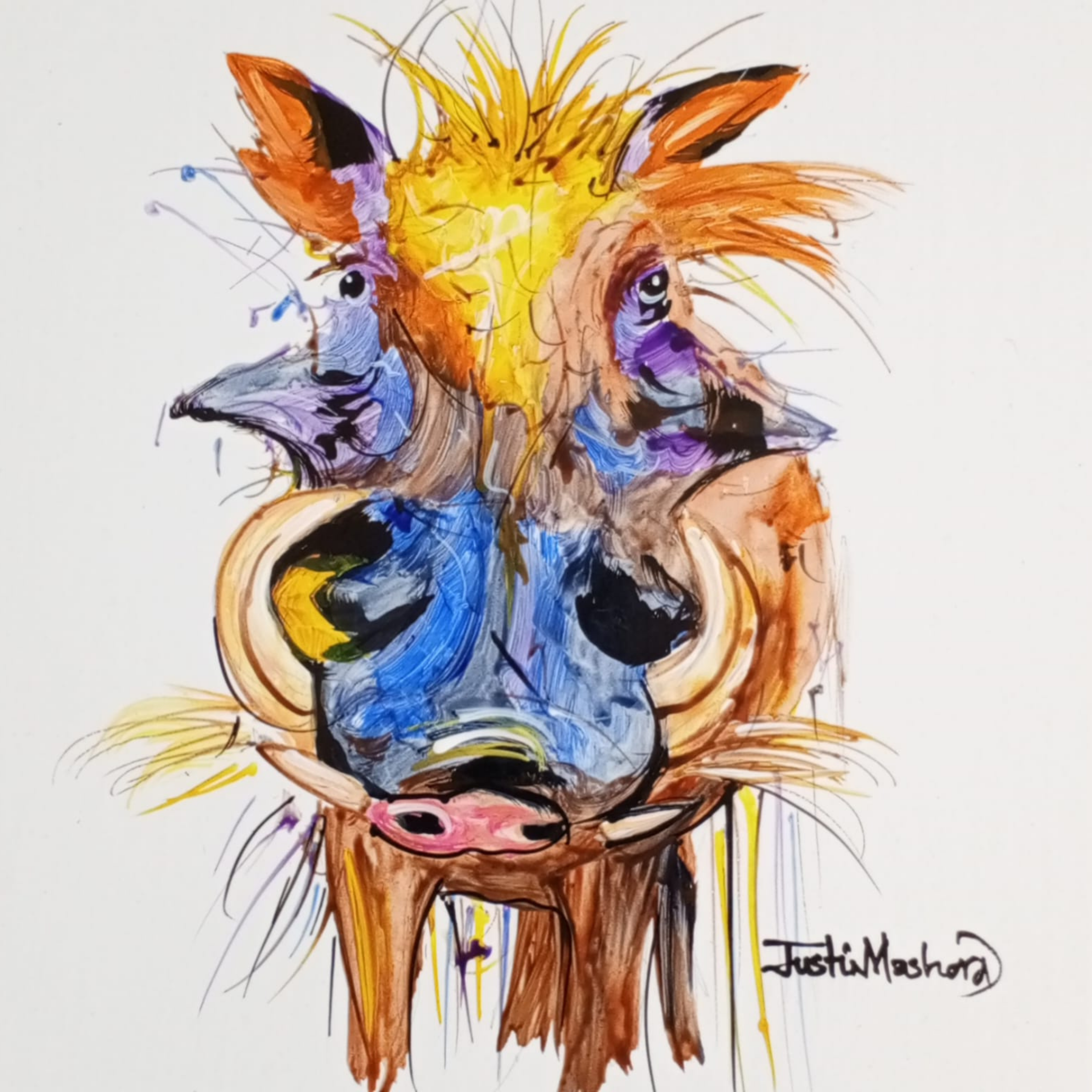 Justin Mashora Masonite Painting - Warthog (25cm x 25cm)