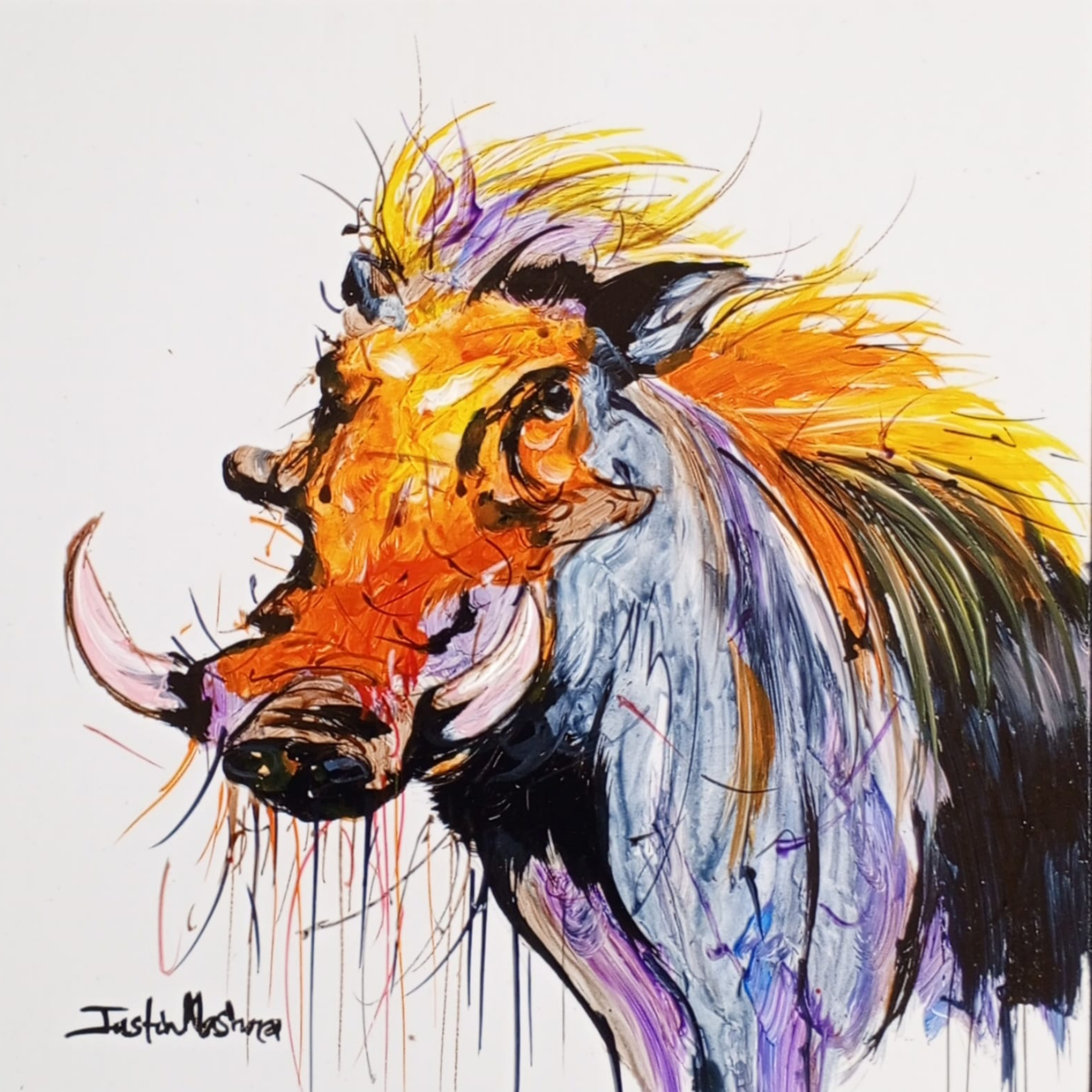 Justin Mashora Masonite Painting - Warthog (25cm x 25cm)