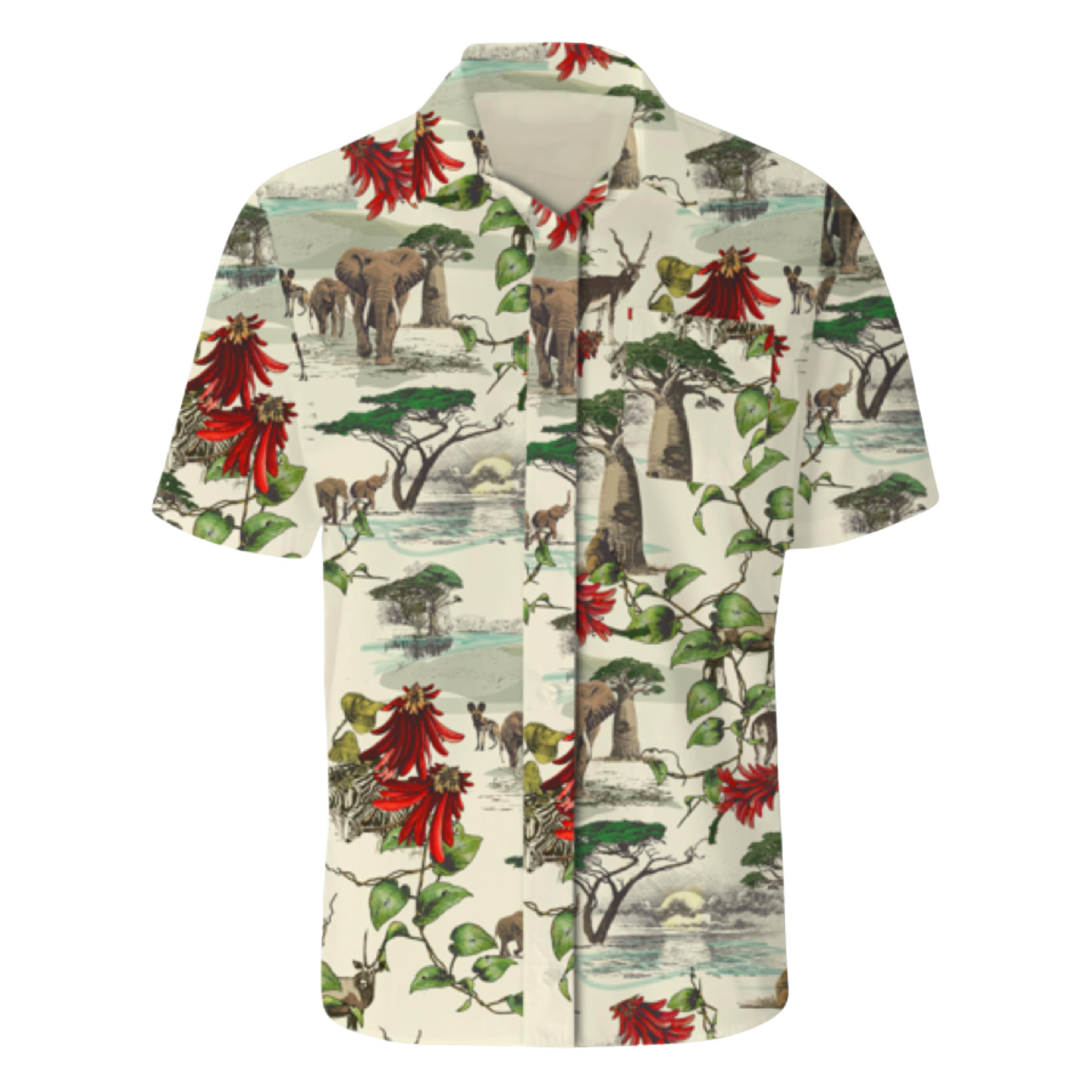 White Wildlife Scene Short Sleeve Buttons Shirt