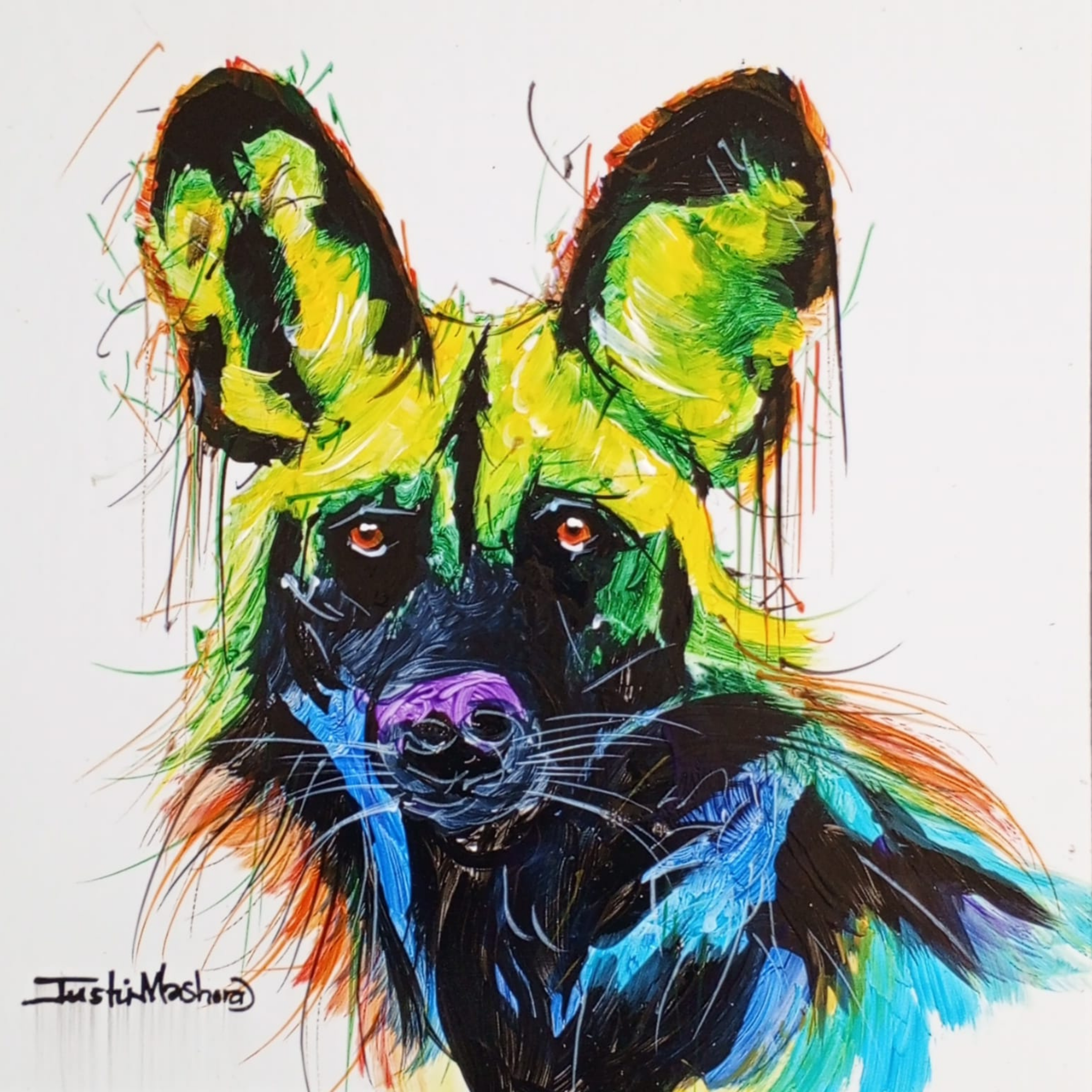Justin Mashora Masonite Painting - Wild Dog (25cm x 25cm)