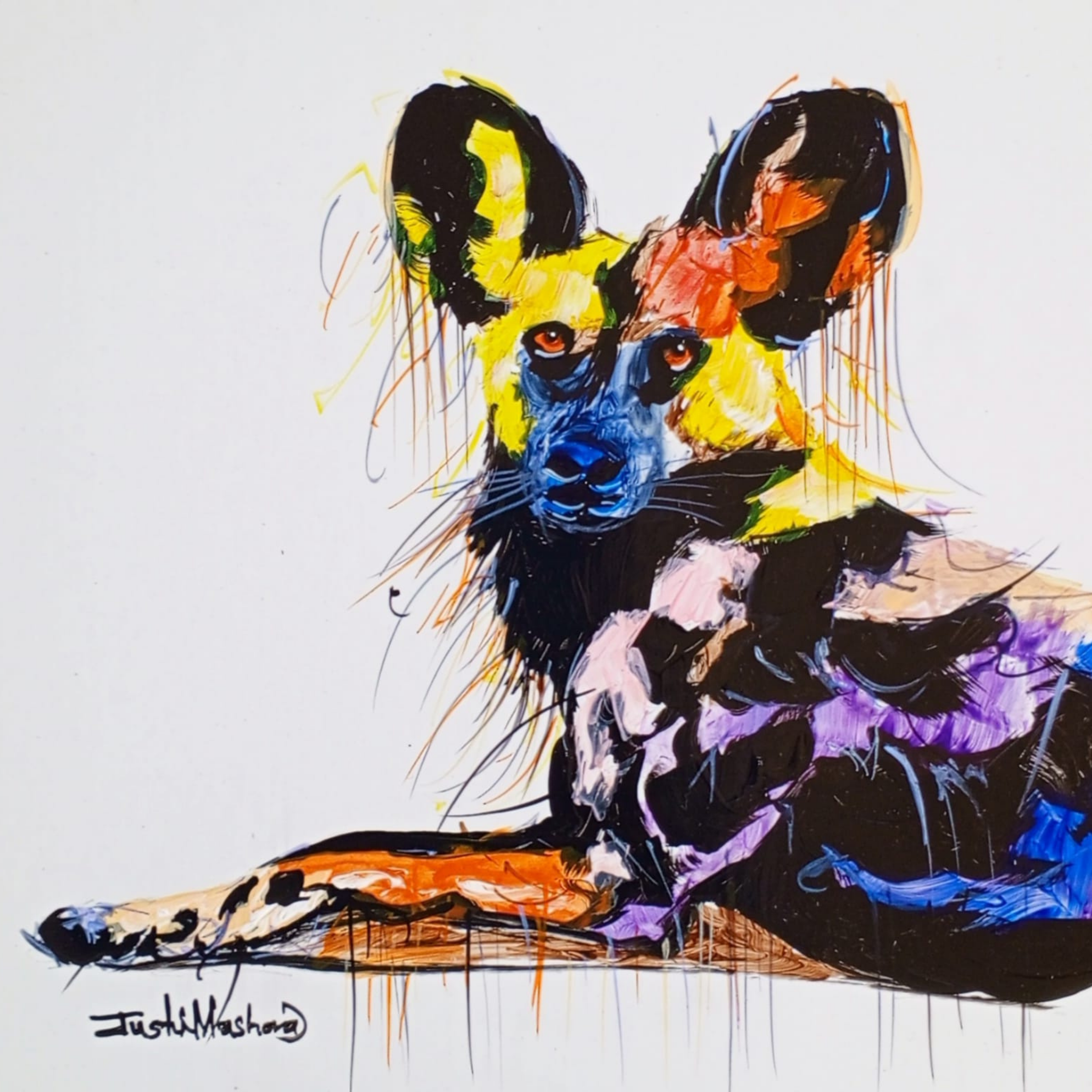 Justin Mashora Masonite Painting - Wild Dog (25cm x 25cm)