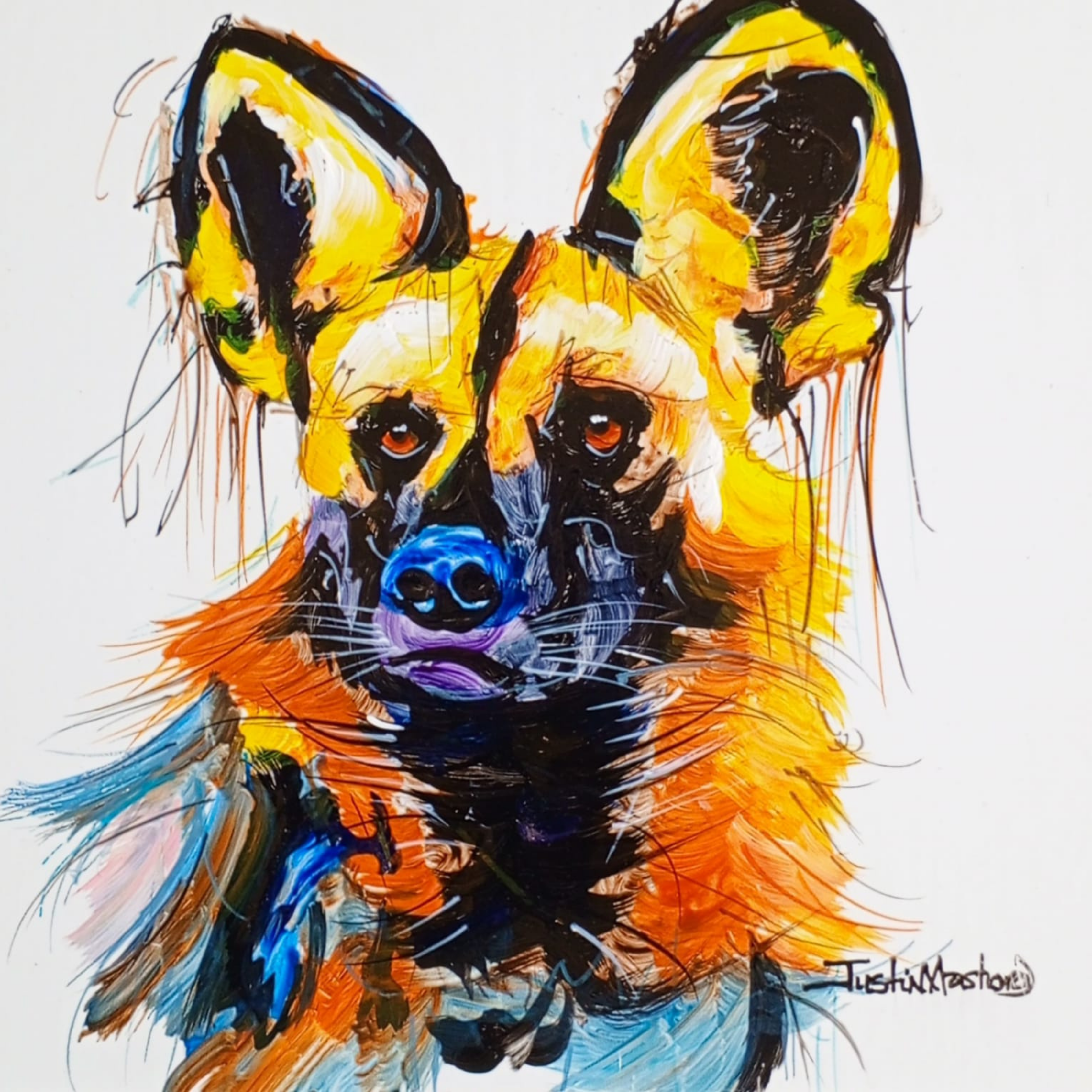 Justin Mashora Masonite Painting - Wild Dog (25cm x 25cm)