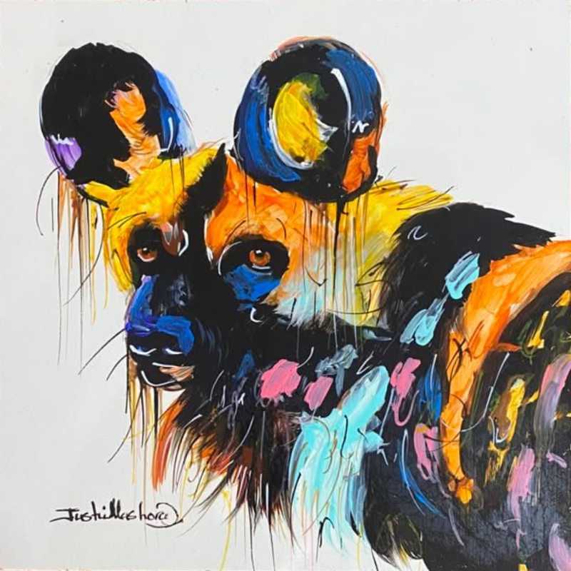 Justin Mashora Masonite Painting - Wild Dog (25cm x 25cm)