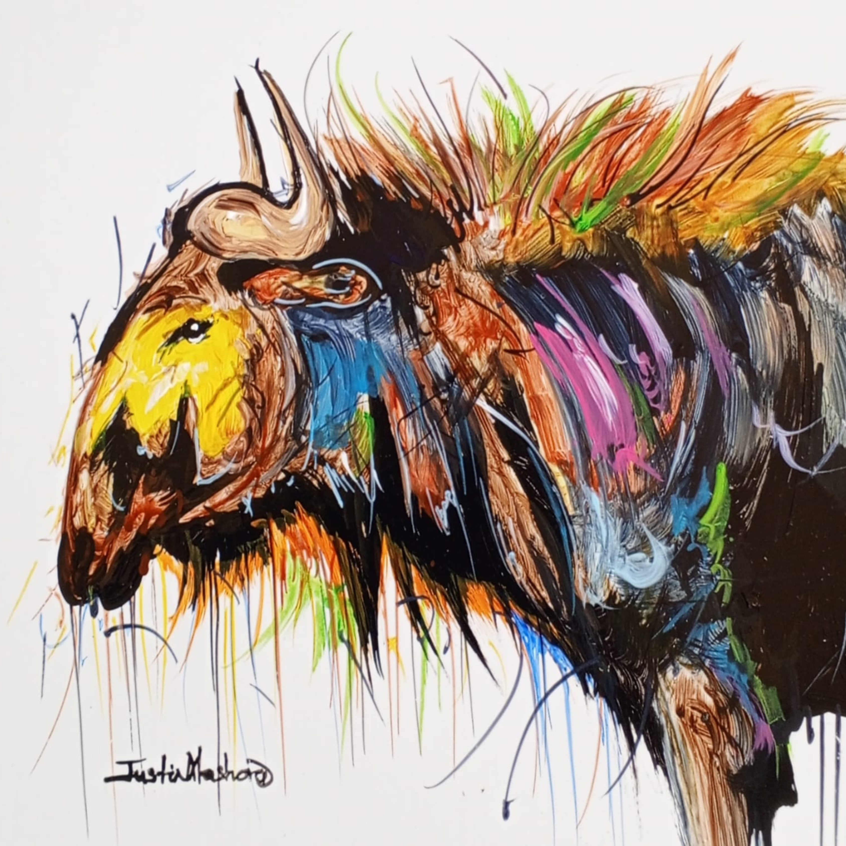 Justin Mashora Masonite Painting - Wildebeest (25cm x 25cm)