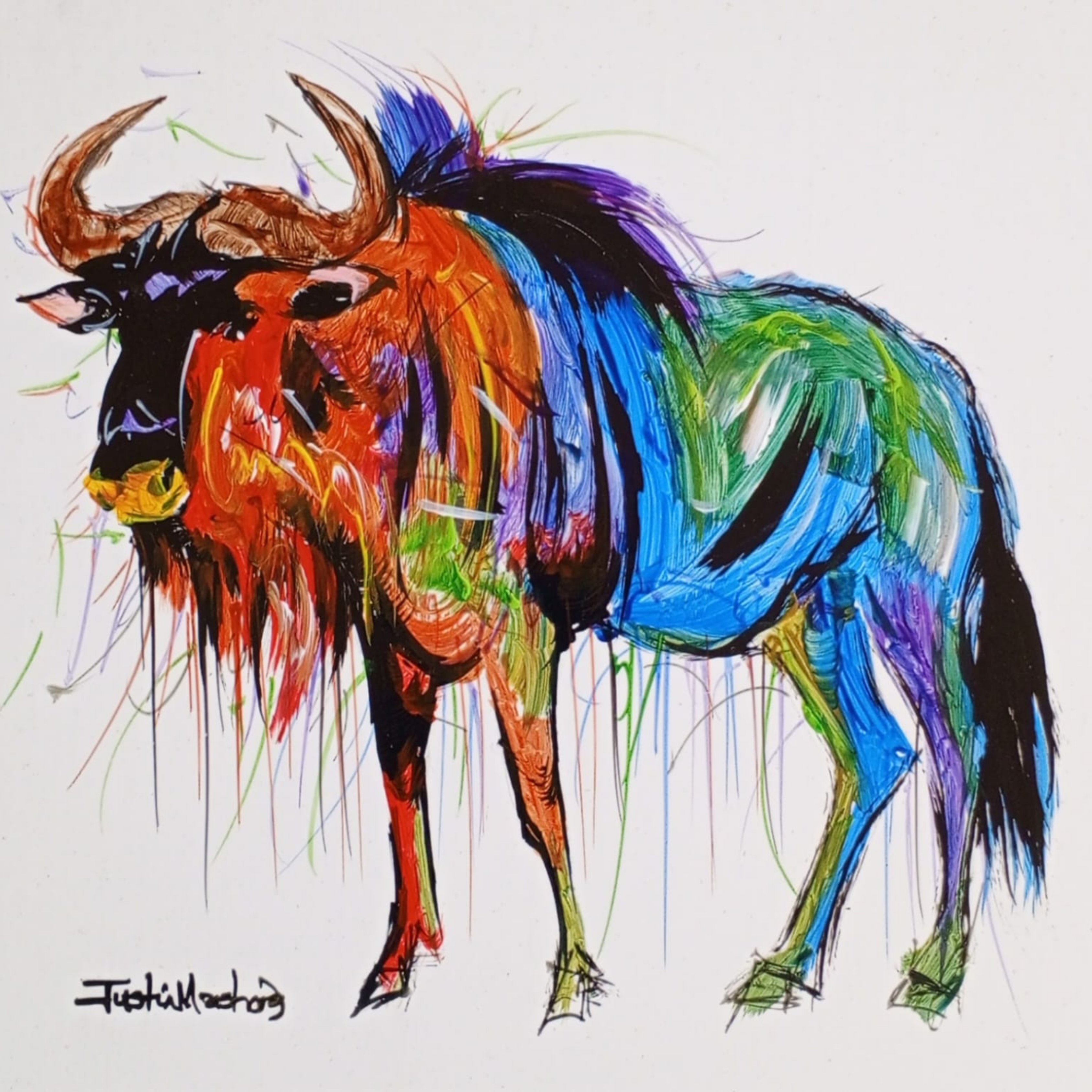 Justin Mashora Masonite Painting - Wildebeest (25cm x 25cm)
