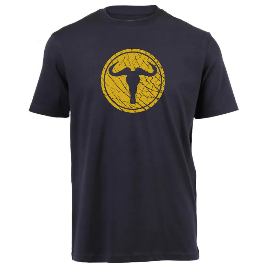 Wildebeest on Elephant Skin T-Shirt - Mustard On Navy