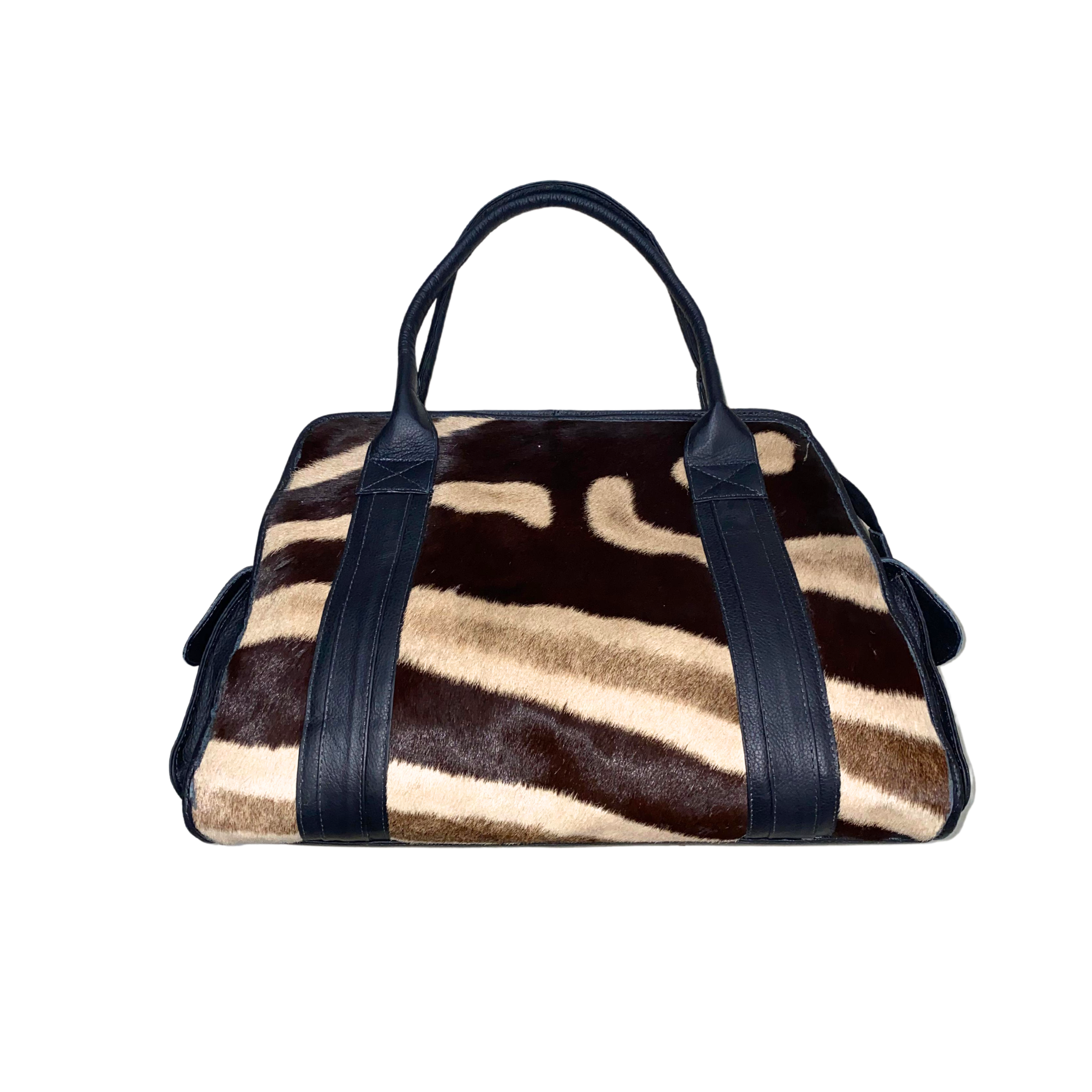 Zebra Skin Leather Handbag With Side Pockets