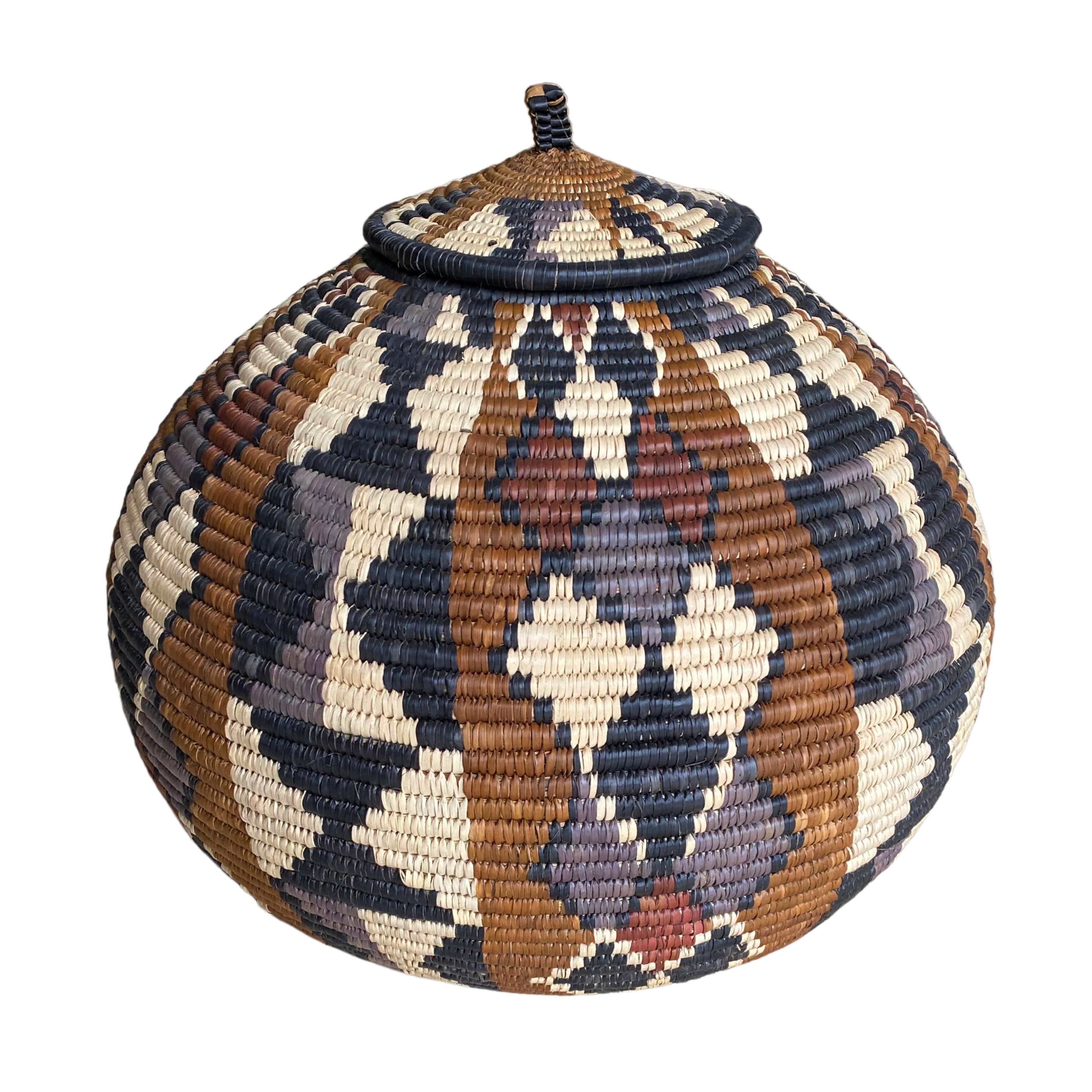 Zulu Hand-Woven Reed Basket - Nomvuso (Cream, Dark Brown, Black, Brown & Grey)