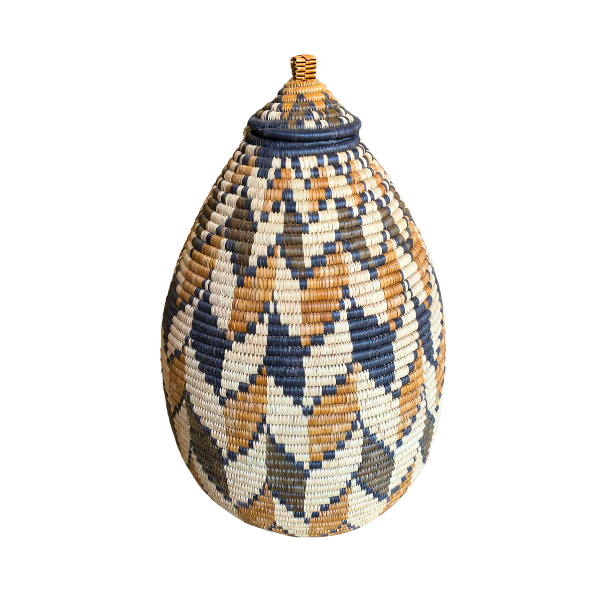 Tall Zulu Hand-Woven Zig Zag Reed Basket (Cream, Brown & Grey)