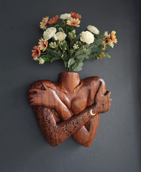 Hand Carved Mawu Wall Vase With Brass Inlay