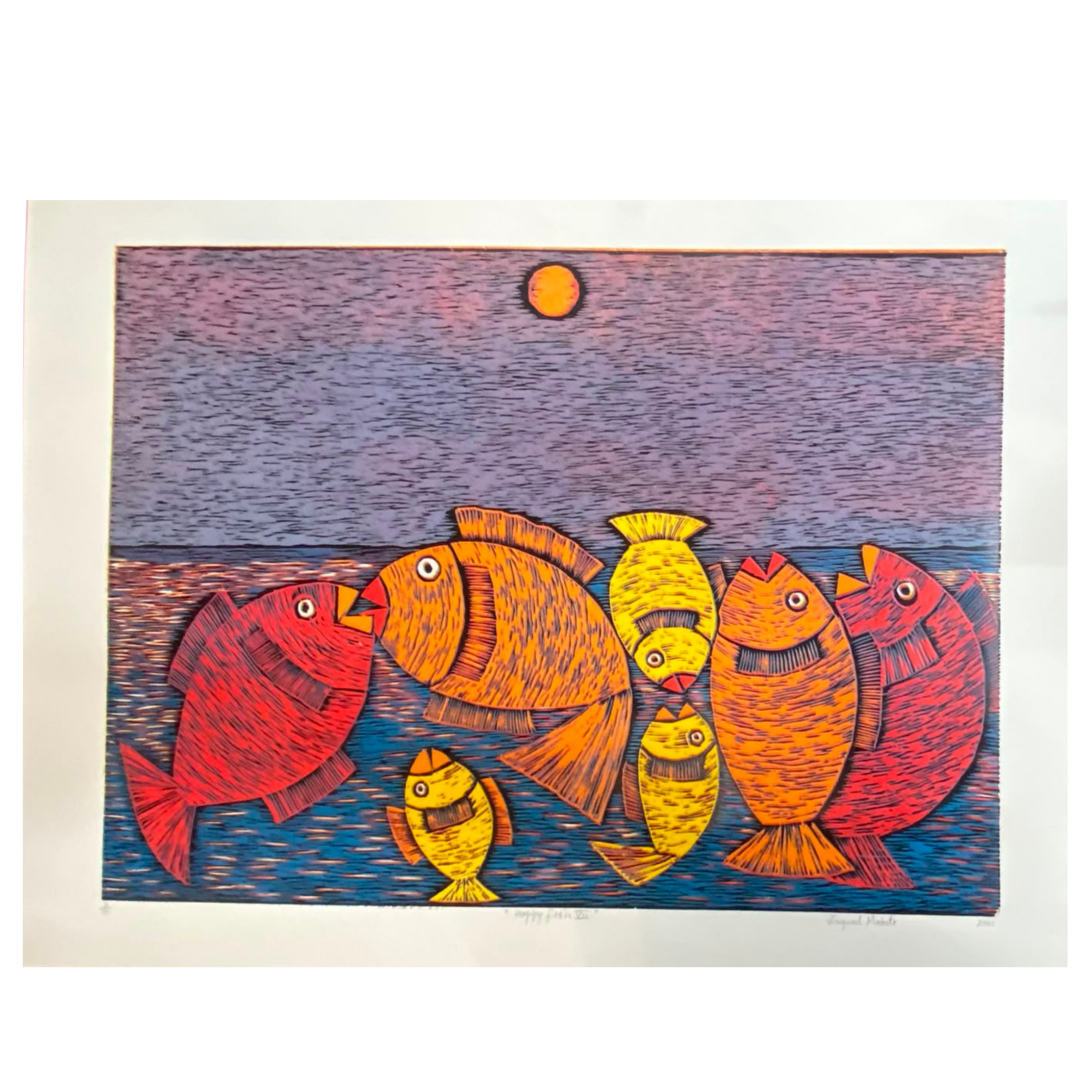 Mabote Art Woodprint Painting - Happy Fish