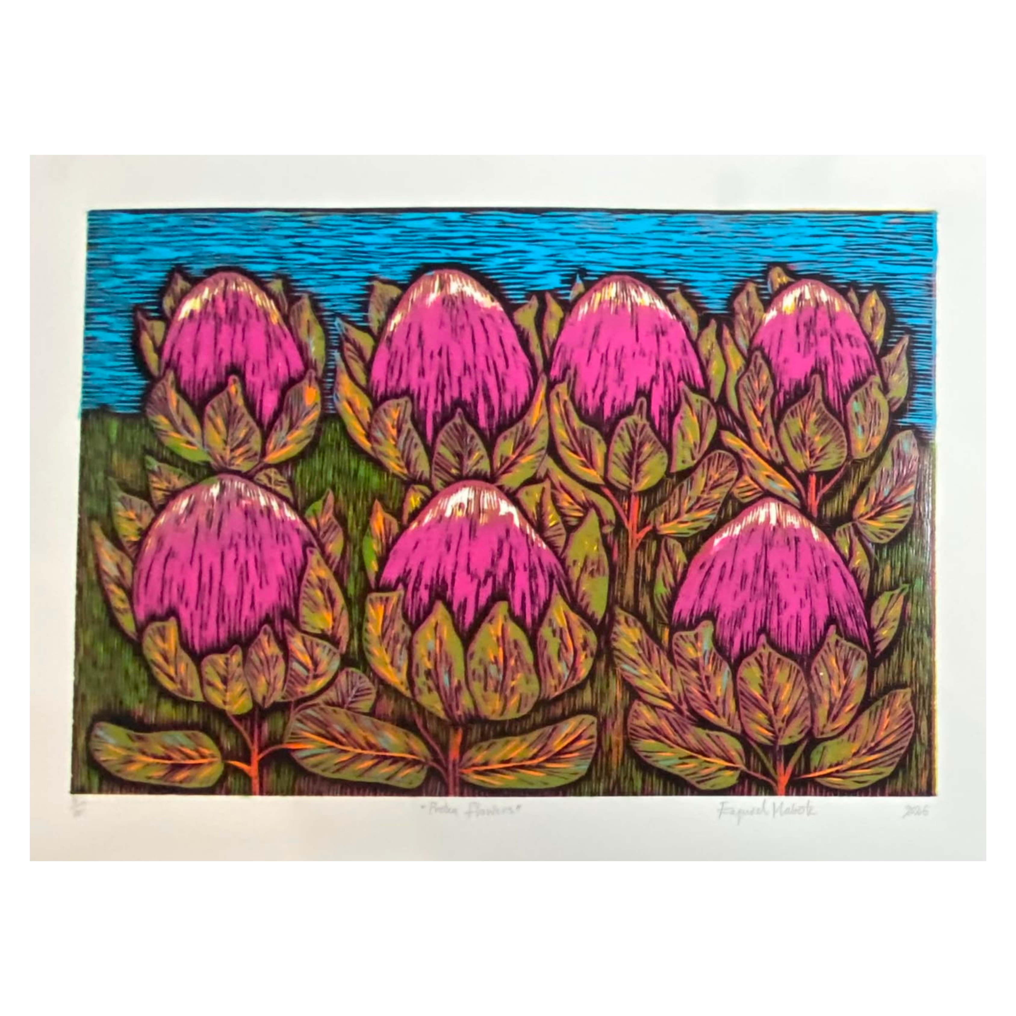 Mabote Art Woodprint Painting - Protea Flowers