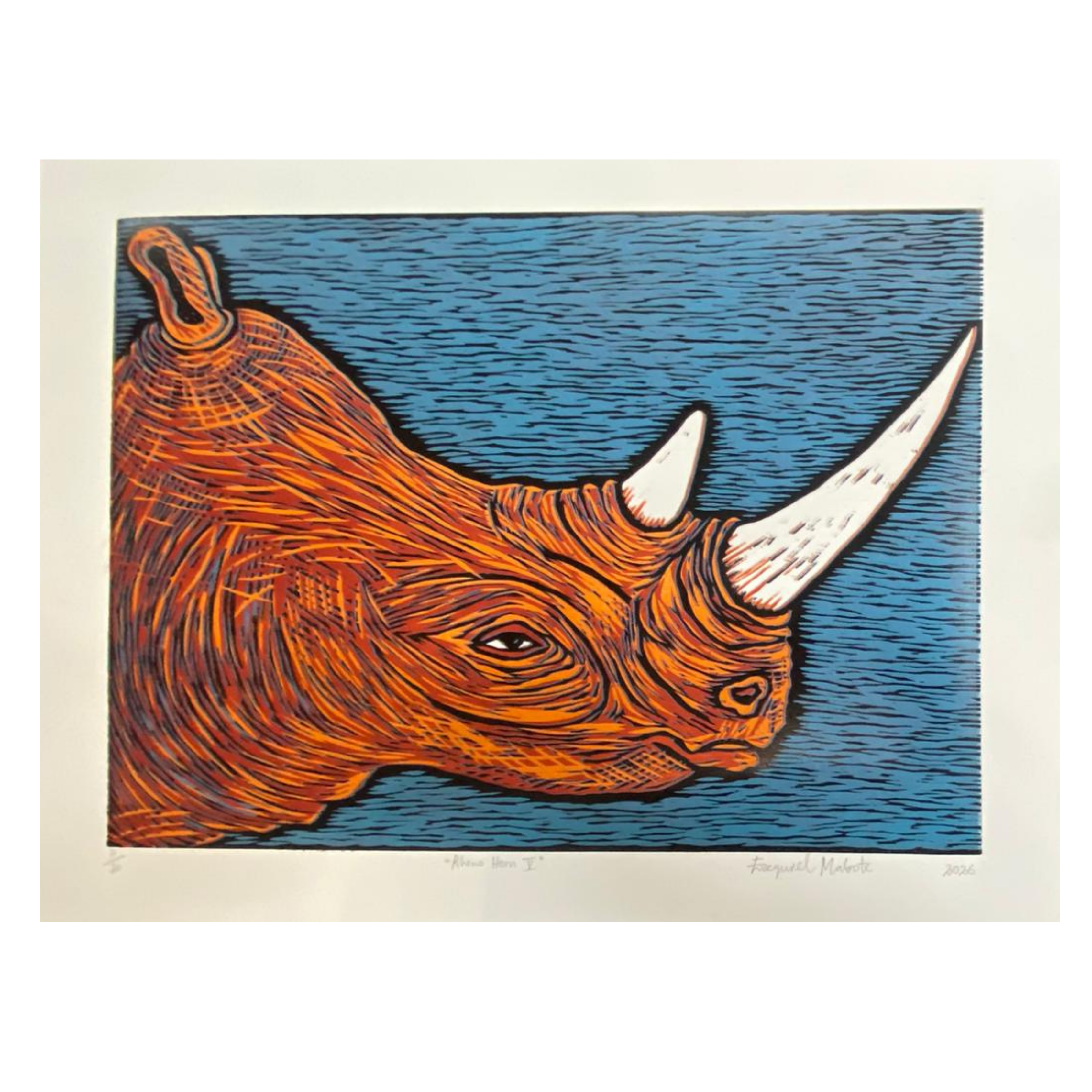 Mabote Art Woodprint Painting - Rhino Horn Small