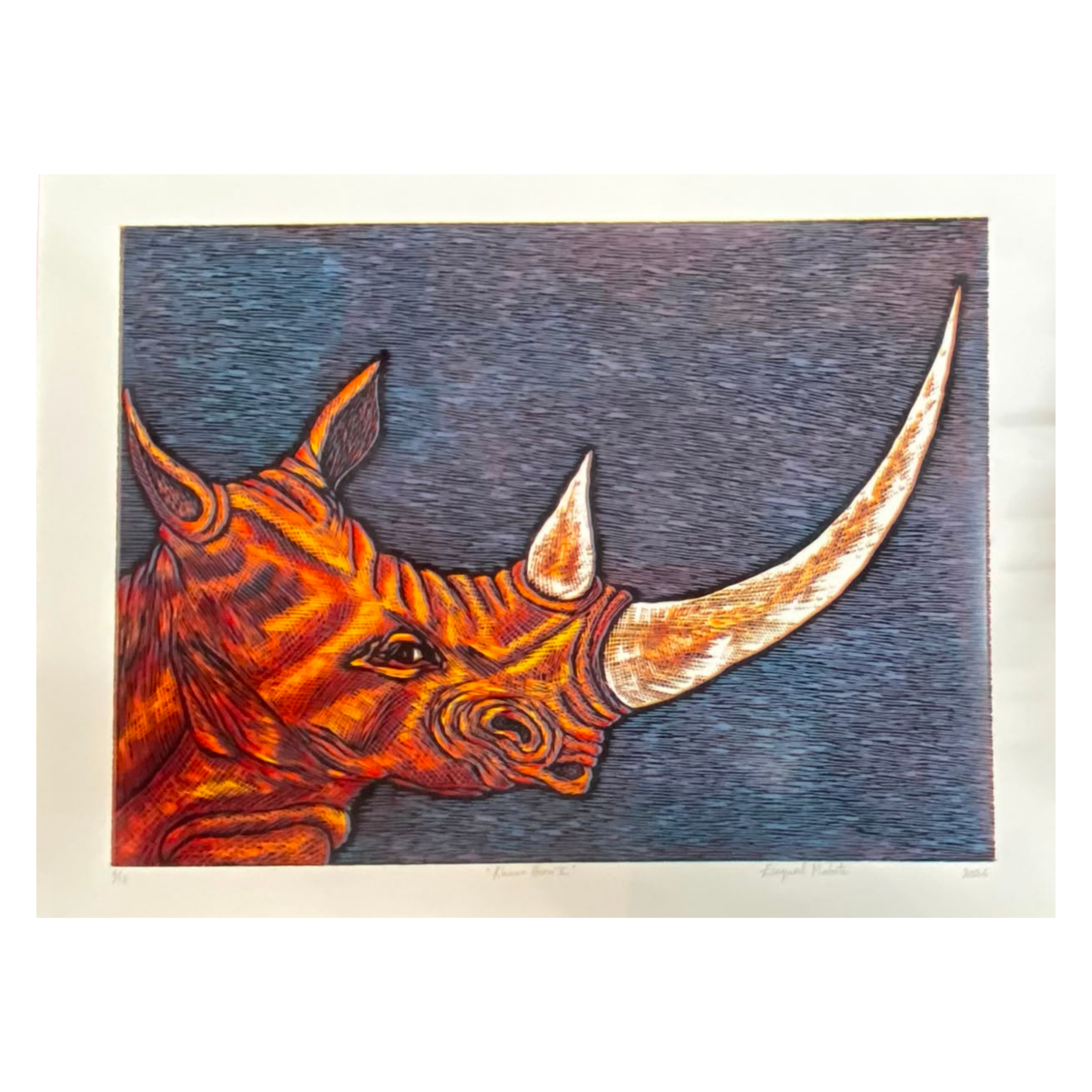 Mabote Art Woodprint Painting - Rhino Horn Large