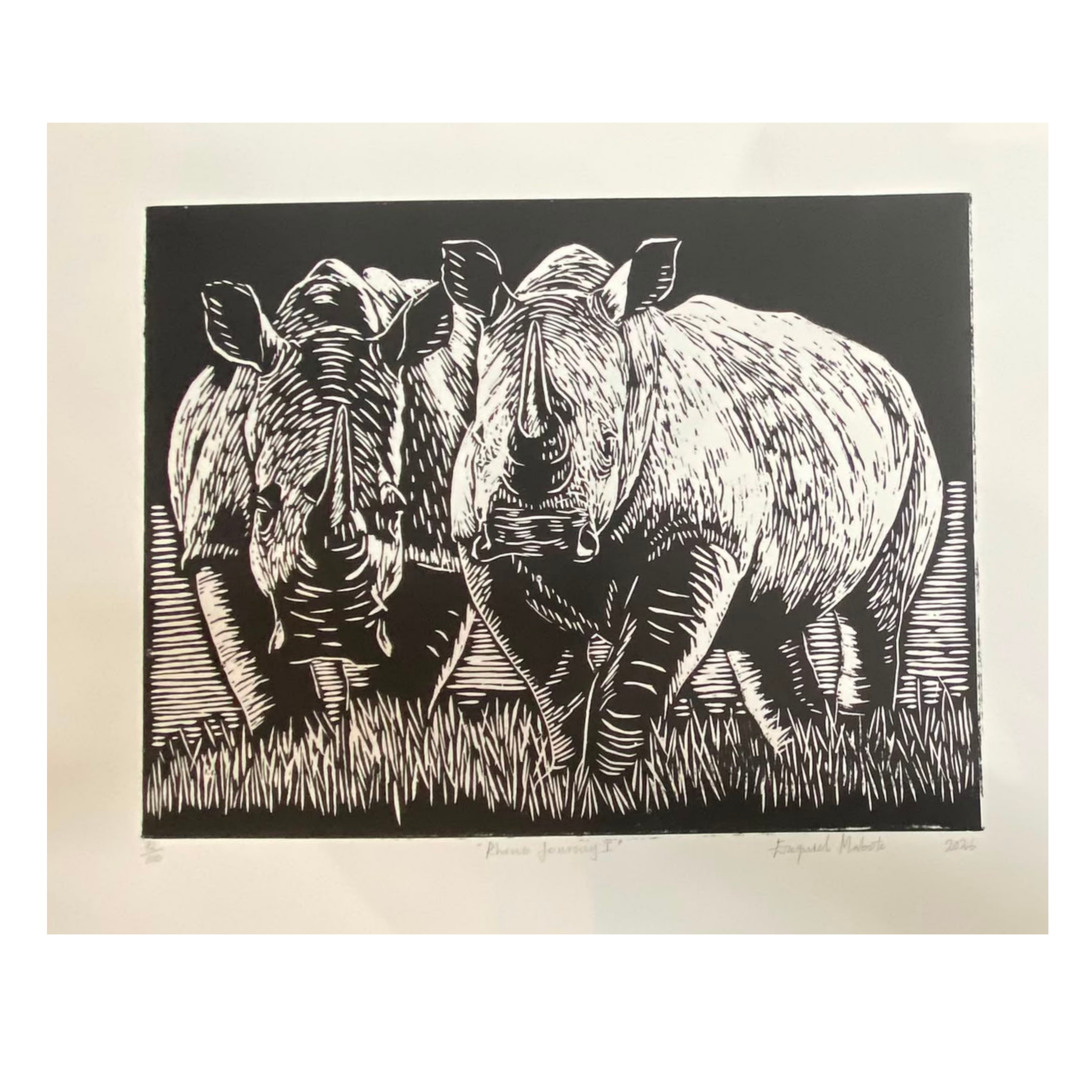 Mabote Art Woodprint Painting - Rhino Journey